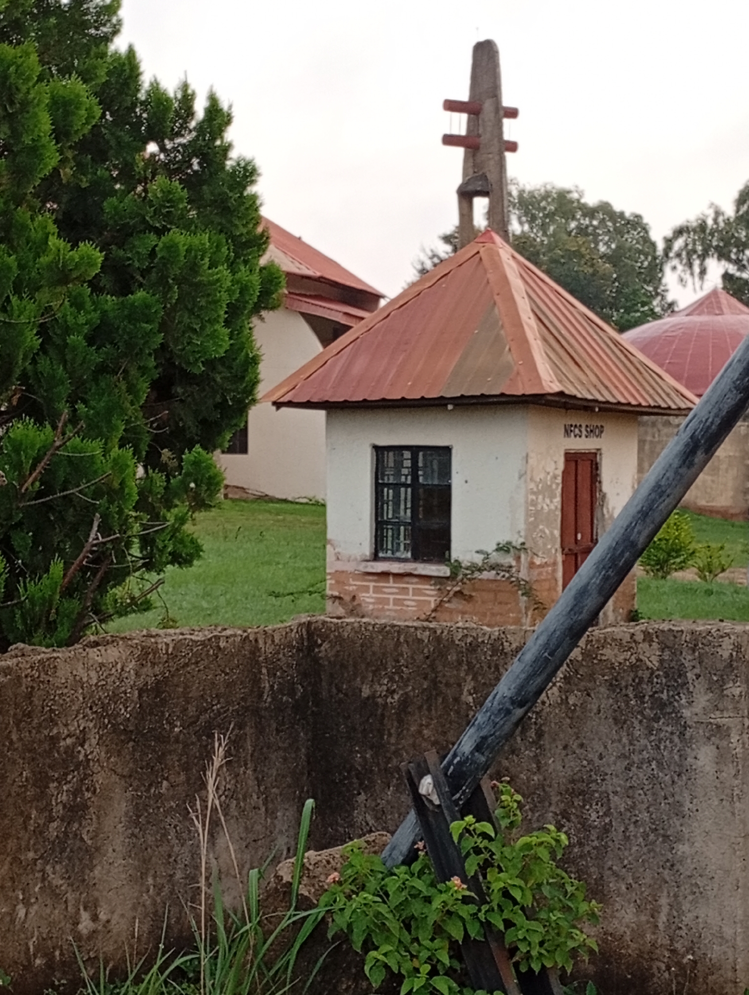 This is a medium-shot, eye-level, outdoor photograph taken on an overcast day, likely in Jos, Nigeria. The foreground features a rough, textured concrete wall, partially overgrown with green foliage and tall, dry grass. A thick, dark, diagonal pole, appearing to be metal, cuts across the frame from the lower right corner upwards towards the center. Behind the wall and pole, a small, white building with a reddish-brown, gabled roof is visible. The building has a single window with a dark metal grate and a reddish-brown wooden door. Above the door, the words "NFCS SHOP" are painted in black. The building is constructed on a base of red brick. To the left of the small shop, a large, lush green conifer tree dominates the left side of the frame. In the background, behind the small shop and conifer tree, are parts of larger buildings with similar reddish-brown roofs, suggesting a campus or a cluster of structures. To the right of the small shop, another domed, reddish-brown roof is visible. In the upper background, a unique concrete structure resembling a stylized totem pole or antenna stands against the sky. The ground is covered in green grass. The overall scene suggests a rural or semi-rural setting within an established area, possibly a school, church, or community center, given the architectural style and the presence of the "NFCS SHOP." The lighting is diffused due to the overcast conditions.