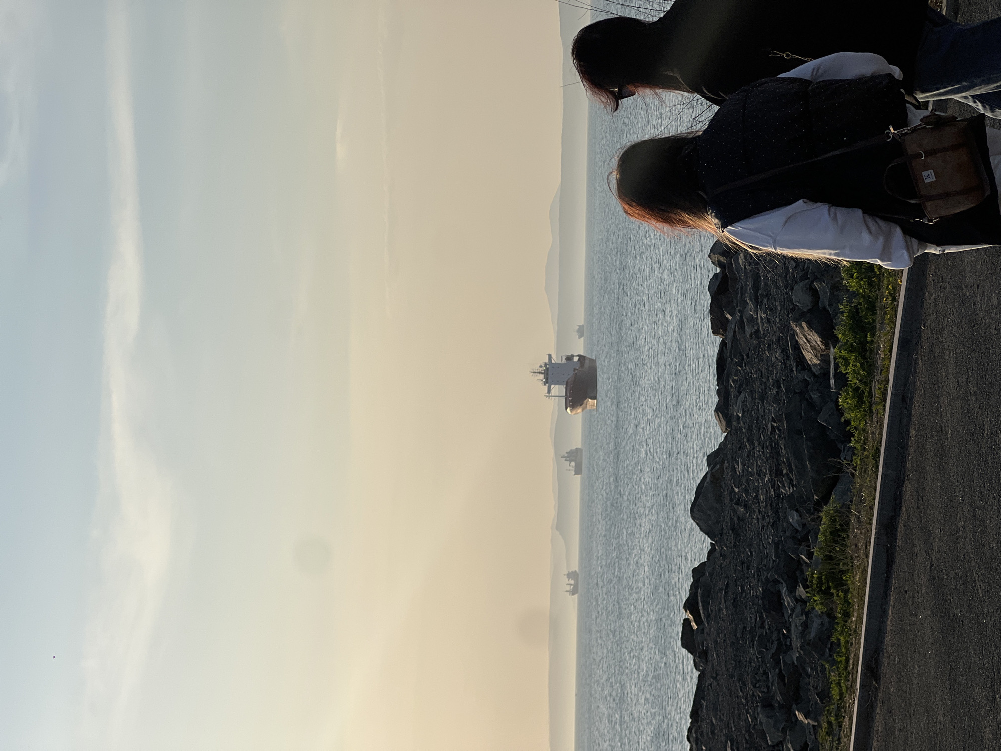 Two people stand next to a rocky shoreline beside an asphalt road. In the background, across the water, multiple ships are visible on the horizon. The sky is pale, suggesting sunrise or sunset. The location is likely near Vladivostok, Russia, based on the distinctive geography.