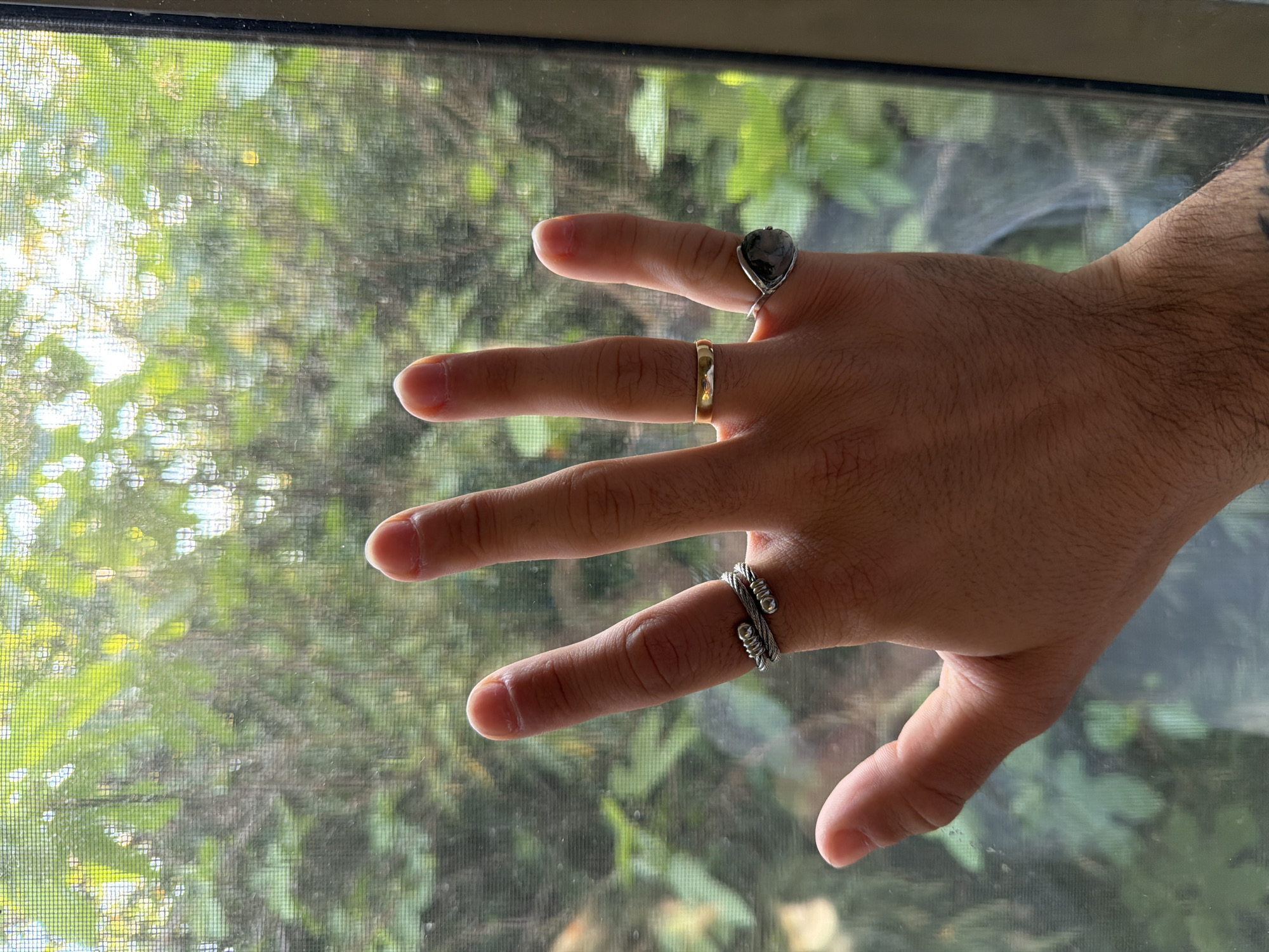 A person's right hand is positioned in front of a window covered with a screen, with foliage visible outside. The hand has three rings: a silver ring with a heart-shaped stone on the index finger, a plain gold ring on the middle finger, and a silver coiled ring on the ring finger. The person has some hair on their hand and arm, and a tattoo is visible on the arm. The background is blurred due to the window screen and the foliage outside. No information allows to determine the location of the image in the city of Milan, Italy.
