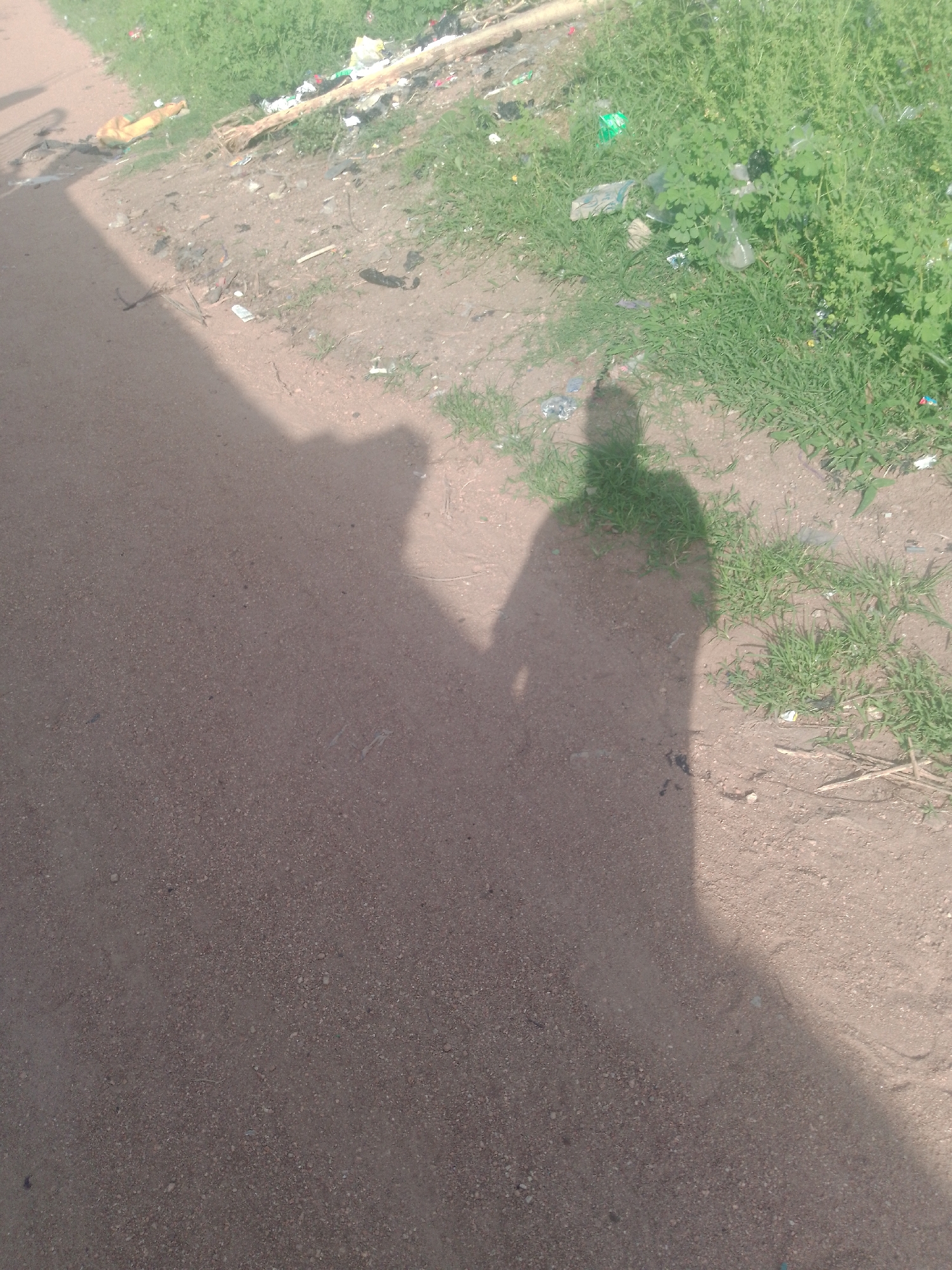 In Jauro Yinu, Nigeria, a shadowy silhouette of a person stands on a dirt path adjacent to an overgrown area with sparse green vegetation and scattered debris, including plastic bags and what appears to be a piece of wood. The path is composed of fine-grained soil with small pebbles. The shadow extends prominently across the path, indicating a strong light source, likely the sun, from the right side of the frame. The overall environment suggests an outdoor, possibly undeveloped or neglected area within the city.
