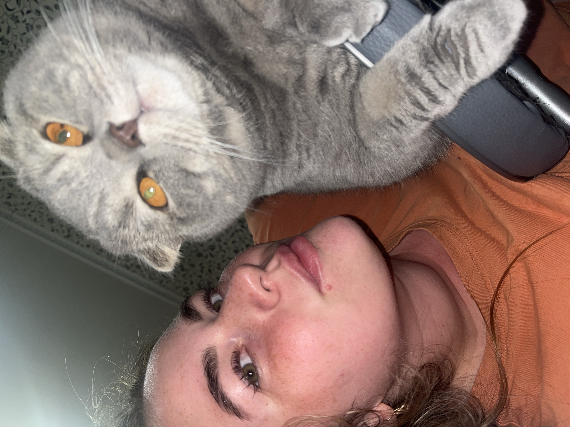 The image displays a close-up, low-angle perspective of a young adult female and a domestic cat. The female subject, positioned on the left side, has light skin, numerous freckles across her nose and cheeks, and visible flushing on her face. Her eyes are open, looking upward and to the viewer's left, with greenish-brown irises and long, dark eyelashes. Her eyebrows are dark and well-defined. Her lips are full, closed, and slightly pursed, with a reddish-pink tint. Light brown or auburn hair frames her face, and a small gold-colored hoop earring is visible on her left earlobe. She is wearing an orange short-sleeved top with a ribbed collar visible around her neck.
To the right, a grey tabby cat occupies the majority of the right side of the frame. The cat has distinctive bright amber-orange eyes with narrow pupils, a small dark nose, and prominent white whiskers. Its ears appear slightly folded, consistent with a Scottish Fold breed. The cat's fur shows visible darker grey tabby stripes. One of its front paws rests on a dark, possibly upholstered object, which shows signs of wear and fraying at the edges.
The background is out of focus; the upper left shows a light-colored surface, possibly a ceiling, while the upper right reveals a darker, patterned surface, indicative of wallpaper. The lighting appears to be bright and directional, highlighting the subjects' features. The image captures an intimate interaction, likely a selfie, with both subjects facing generally towards the camera. The specific location, including any city like Chaikovsky, Russia, is not discernible from the visual content of the image.