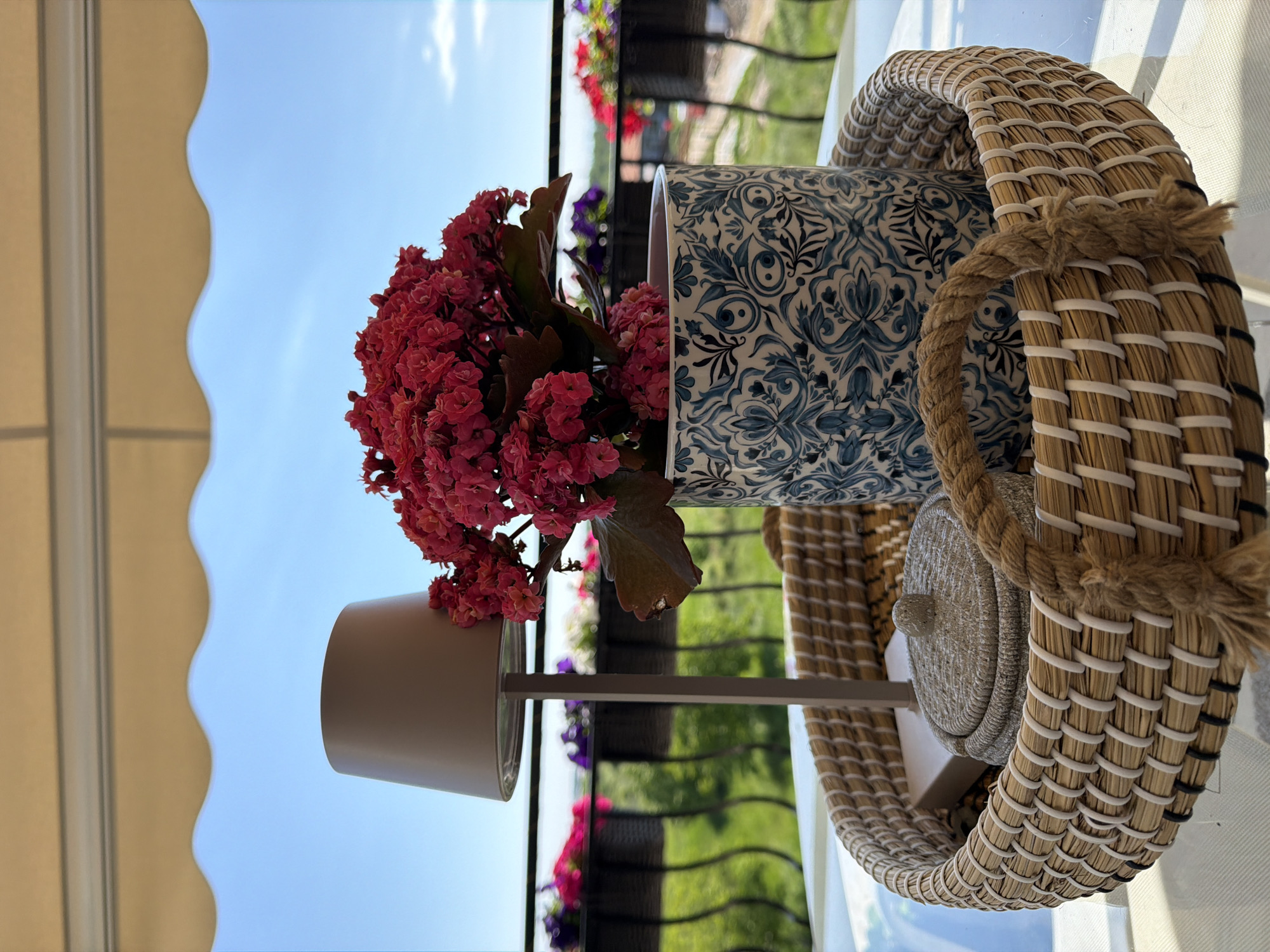On a bright day, a scene unfolds on what appears to be a balcony or outdoor setting. The sky is a clear blue, partially obscured by a beige awning with a wavy edge. A flowering plant with vibrant red blooms occupies a central position, set within a minimalist beige pot. The plant is elevated by a stand. Adjacent to it, another pot with a blue and white patterned design holds a plant. A woven tray with a rope handle rests to the right. The background reveals a wrought-iron railing with additional plants bearing red and purple flowers. Beyond the railing, greenery suggests a garden or park-like setting. The light and colors suggest the scene is in a sunny location. The location is Plovdiv, Bulgaria.