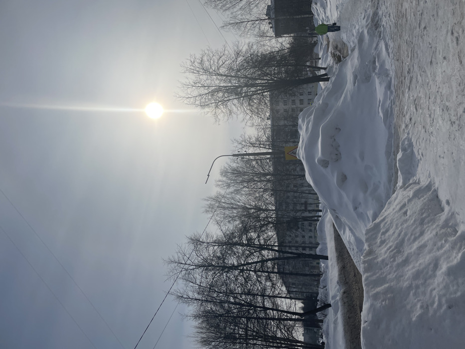 The image presents a daytime winter scene in a residential area of Chaikovsky, Russia. The sky is bright and hazy, with the sun prominently visible in the upper right quadrant, producing a vertical lens flare. Multiple overhead power lines cross the upper portion of the frame.
The ground is extensively covered in snow, forming significant drifts in the foreground and along the sides of visible pathways. A large, irregular mound of snow occupies the center-right foreground. A cleared, partially icy path or sidewalk extends from the lower-right towards the middle distance.
In the midground, a bare-branched deciduous forest or park area stretches across the frame, partially obscuring the background. A black streetlamp pole with a curved arm is positioned to the right of center, featuring a yellow triangular road sign, likely indicating a pedestrian crossing. A snow-lined road or unpaved area is visible to the left.
In the far right midground, a single individual is walking away from the camera on the cleared path. The person is dressed in a bright green jacket, dark pants, and carries a dark object or bag in their left hand.
The background consists of several multi-story residential buildings, primarily light-colored apartment blocks, visible through and above the bare trees.