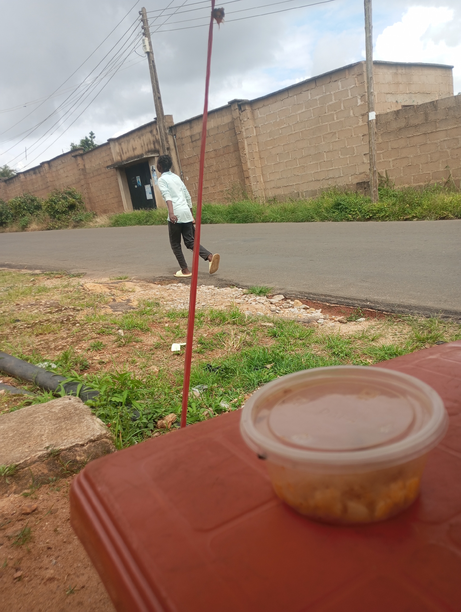 The image depicts an outdoor scene with a young person walking on a paved road. The person is wearing a light blue long-sleeved shirt and dark pants, with their back to the camera. They are walking away from a tall, wooden utility pole with wires running overhead. To the left of the road, there is a long, light brown brick wall, possibly surrounding a property. The ground next to the road is covered with patchy green grass and brown soil. In the foreground, a portion of a reddish-brown plastic table is visible, with a clear plastic container holding food on it. The sky is overcast and appears cloudy. The environment suggests a roadside setting in a populated area. Based on the available information and visual cues, this scene is consistent with an outdoor location in Jos, Nigeria, characterized by its common roadside infrastructure, brick wall construction, and vegetation typical of the region.