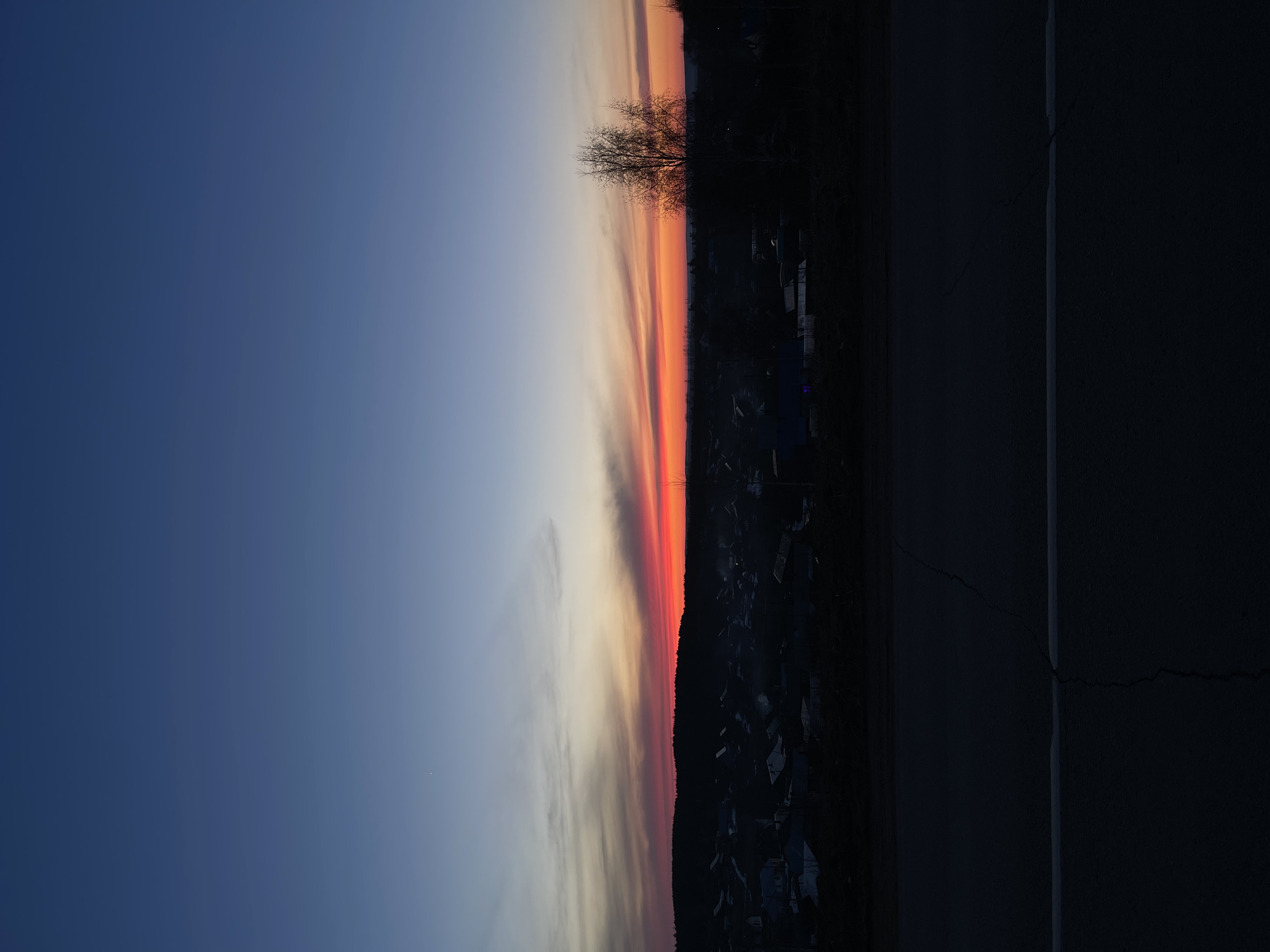 The image depicts a sunset scene in Фоки, Russia. The sky transitions from a deep blue to hues of orange and red near the horizon, where striated clouds are visible. Silhouetted against the sunset is a tree and the roofs of houses, suggesting a view overlooking a residential area. To the right of the frame is a dark, textured vertical surface, possibly a wall or the side of a building.