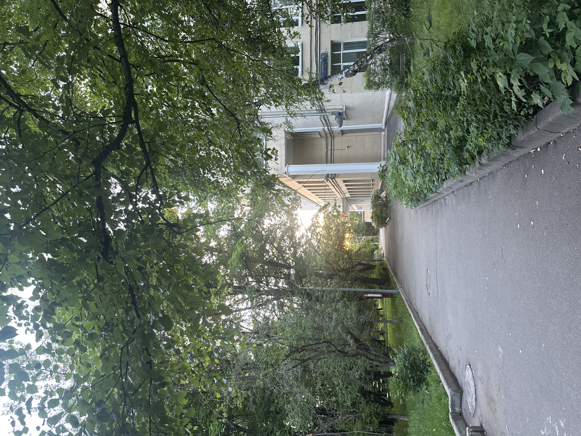 The image depicts a street scene in Moscow, Russia, characterized by a paved pathway running alongside a building and a lush green area with trees. The building appears to be a multi-story structure with a light-colored facade, visible windows, and architectural details such as a covered walkway or balcony. A street sign with Cyrillic lettering is affixed to the building's exterior.
The pathway is bordered by a concrete curb and a strip of green grass and dense foliage. Trees with abundant green leaves are prominent, with branches extending over the pathway and into the scene. Sunlight filters through the leaves, suggesting it is either morning or late afternoon. The sky is partially visible, with some bright areas indicating sunlight.
The overall atmosphere is peaceful and urban, with a blend of natural elements and man-made structures. The presence of a street lamp and manhole covers on the pathway indicates a developed urban environment. No people are visible in the frame, and there is no discernible activity taking place beyond the static elements of the scene. The weather appears to be pleasant, with clear skies and ample daylight.
