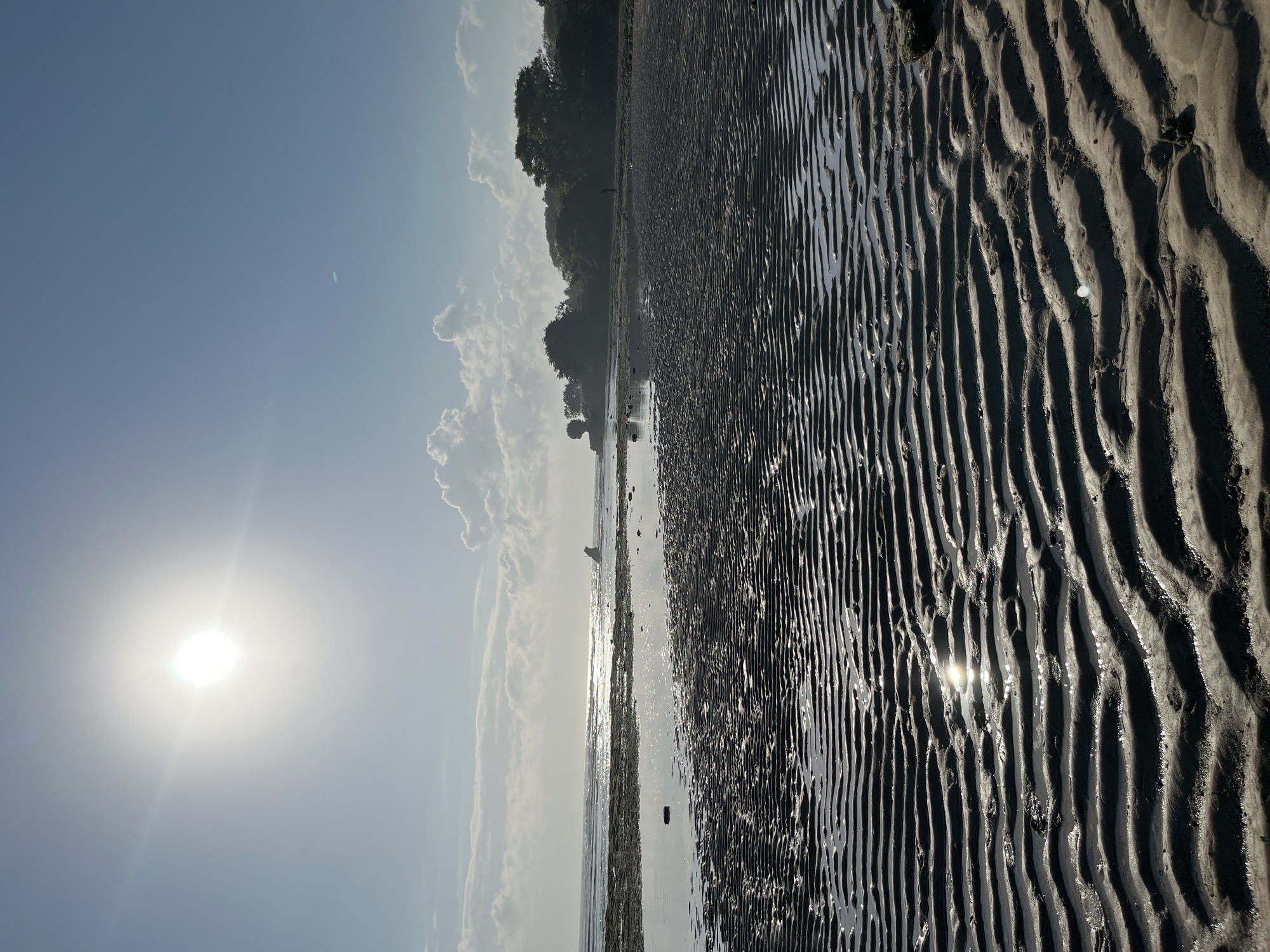 The image captures a sunlit beach in Kuta Selatan, Indonesia, likely during low tide. The foreground is dominated by rippled sand, a result of receding water, with shallow pools reflecting the bright sky. In the middle ground, the ocean stretches towards the horizon, its surface shimmering under the sun's glare. Distant land features, including a cluster of trees and some rock formations, are visible along the coastline. A lone figure can be seen standing on the beach in the middle distance, silhouetted against the bright background. The sky is clear and blue, with a few scattered clouds. The overall scene conveys a sense of natural tranquility and the vastness of the coastal environment.