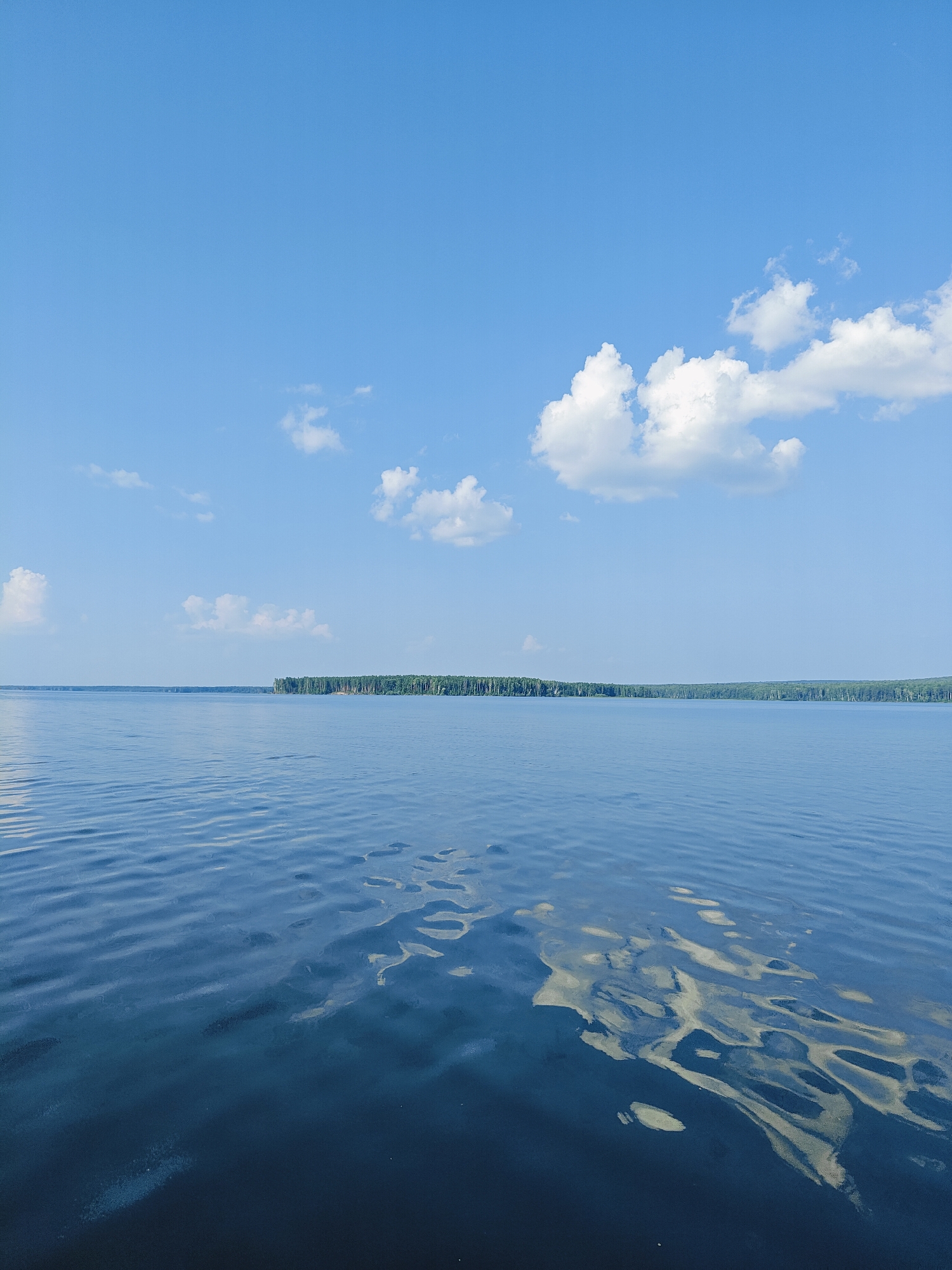 The image depicts a wide expanse of calm, dark blue water under a clear, bright blue sky with scattered white clouds. The horizon line is visible, separating the water from a distant shoreline that is densely populated with green trees. The water's surface exhibits subtle ripples and reflections, with lighter, yellowish patches on the surface in the foreground, possibly indicating a natural phenomenon or debris. The scene appears to be a natural landscape, likely a large lake or reservoir. This location is consistent with the Kama River, specifically near the city of Chaykovsky, Russia, known for its expansive water bodies and surrounding forests. There are no people or man-made structures immediately visible in the frame, emphasizing the natural environment.
