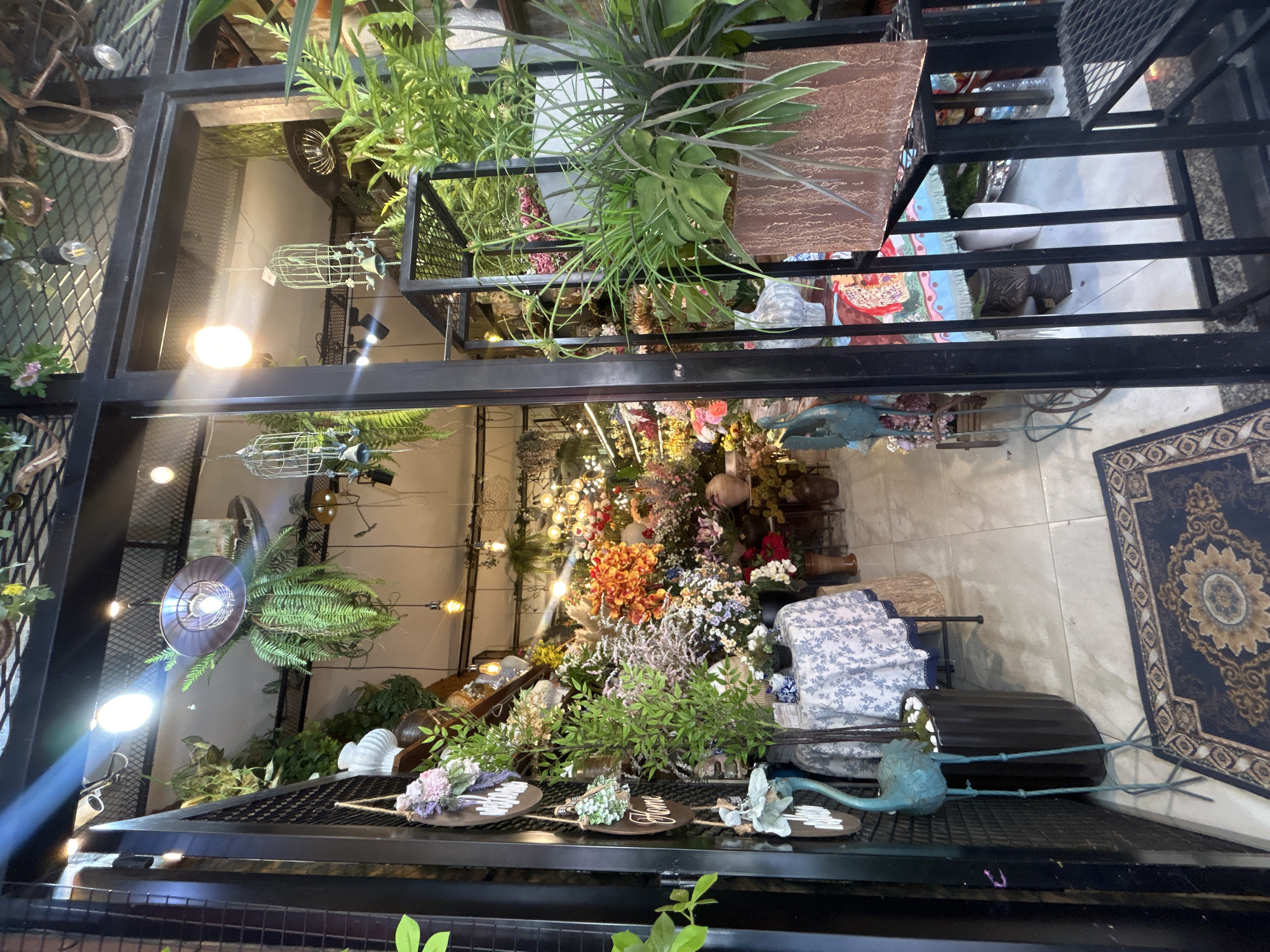 The image depicts an interior space, likely a shop or decorative display, in Nha Trang, Vietnam. The view is framed by a black metal grid structure, potentially a shelf or display rack. Various plants and decorative items are arranged within the space. Green foliage, including ferns and other leafy plants, is prominent. Artificial flowers in a variety of colors (red, orange, white, purple) create a visually rich display. Decorative objects such as birdcages, ceramic pieces, and what appear to be ornamental plates with floral arrangements are scattered throughout the scene. In the background, there is a wall with decorative lighting fixtures, including exposed bulbs. A rug with a floral pattern is visible on the floor. The overall impression is one of a curated, somewhat cluttered, and decorative environment.