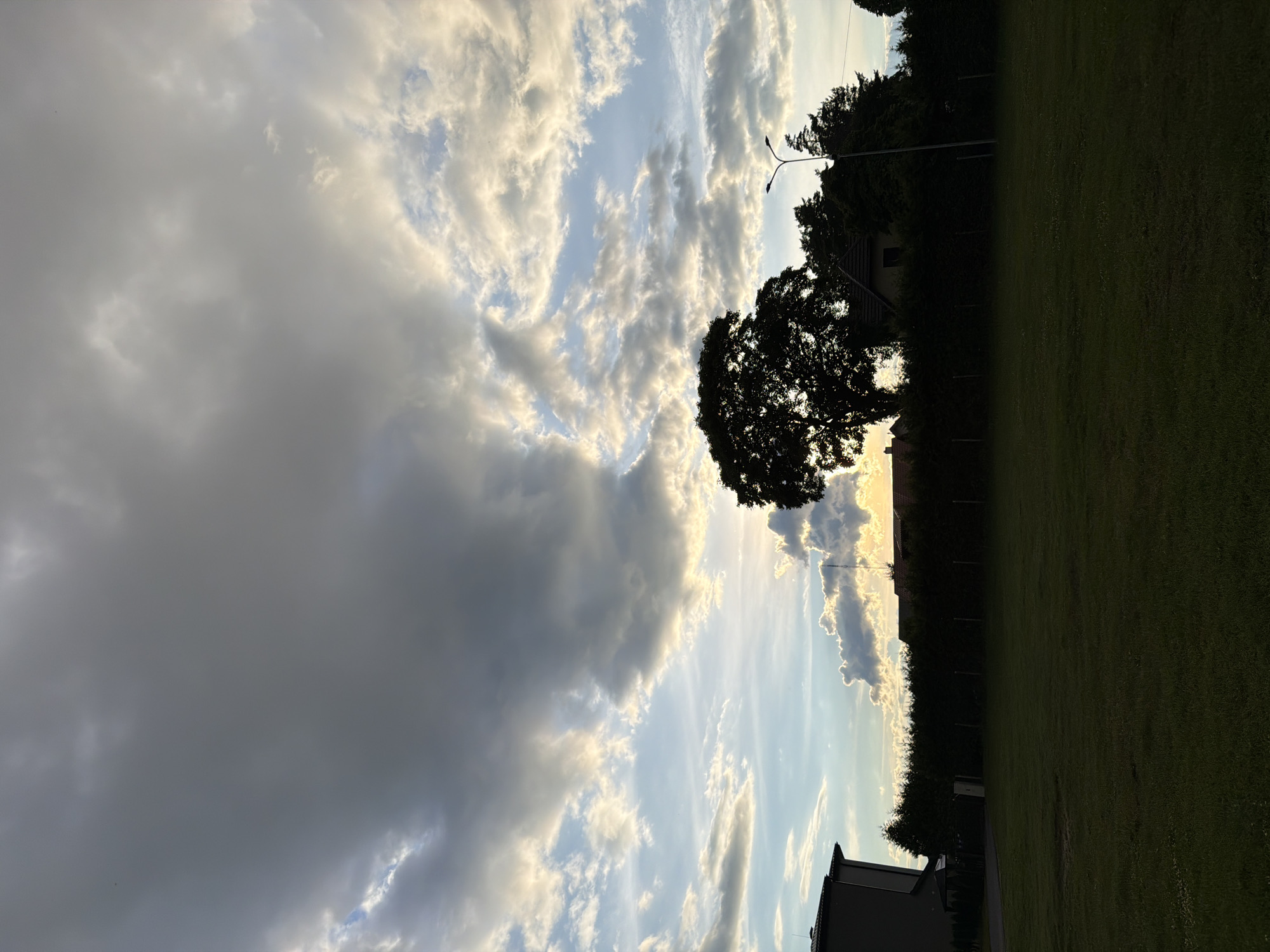 An exterior, low-angle, full shot captures a twilight sky over a residential area in Ulbroka, Latvia. The sky is filled with dramatic clouds, some dark and heavy, others illuminated by the setting sun in shades of white and yellow. The upper part of the frame is dominated by these clouds, while the lower portion shows a dark silhouette of a large tree on the left, a portion of a building, a dense line of evergreen trees and hedges, a fence, and a streetlamp with two lights on the right. A dark, manicured lawn occupies the foreground. The overall atmosphere is serene and slightly somber, typical of the evening light.