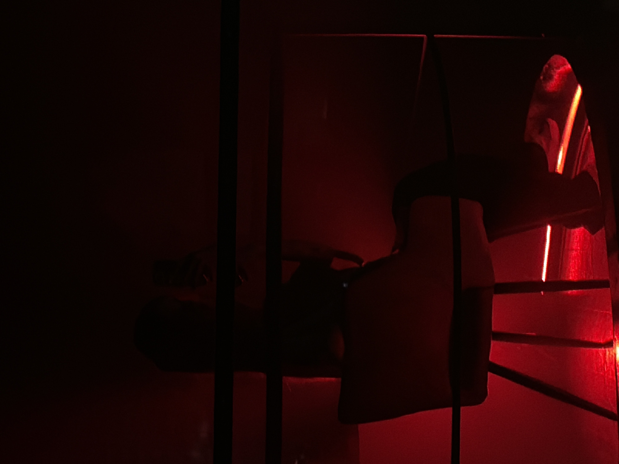 The image, dominated by a red hue, appears to depict the interior of a dimly lit enclosure or structure. The overall environment is quite dark, with the red light source highlighting select objects and casting deep shadows.
Within the frame, there are vertical bars or supports, giving the impression of a cage or enclosure. A partially visible object, possibly a seat or cushion, is discernible, although its specific form and function are obscured by the low light. The background suggests an interior space, with some hint of architectural elements, such as a corner or edge of a wall.
Given the information provided, it's not possible to determine the exact location within Moscow, Russia, or to identify any specific people, actions, or interactions occurring within the scene. The image focuses primarily on the light and shadow patterns and the architectural or structural details of the enclosure.