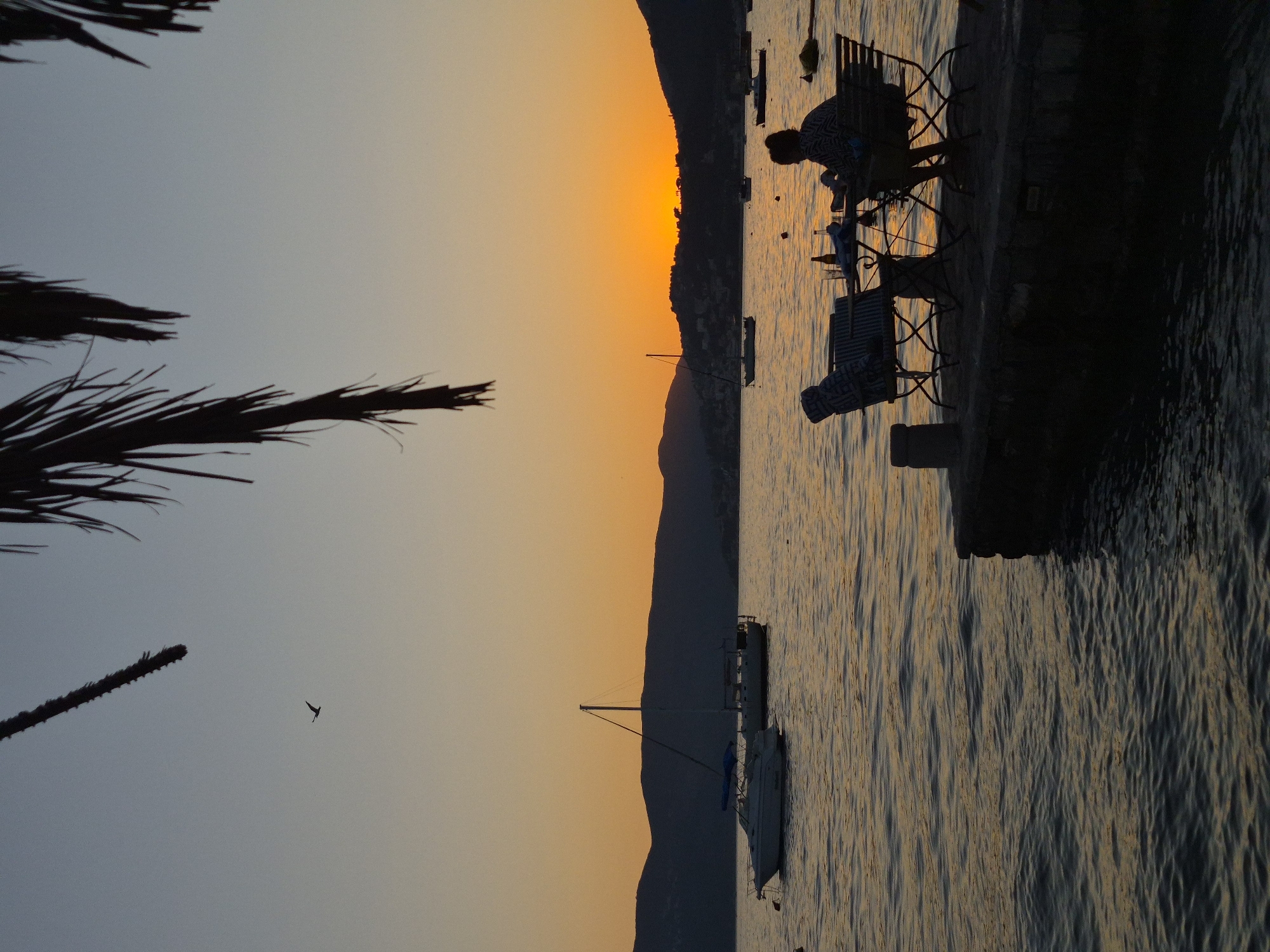 The image depicts a tranquil sunset scene at a waterfront establishment in Kumbor, Montenegro. The sky is a gradient of soft blues and warm oranges, with the sun low on the horizon casting a golden glow over the tranquil waters of the Bay of Kotor. Silhouetted against the vibrant sky are the undulating forms of distant mountains.
In the foreground, a person is seated at a small table on a stone quay. They are silhouetted, making specific features indistinguishable, but their posture suggests they are relaxed. On the table, there are what appear to be glasses and bottles. Two chairs are positioned at the table, one occupied by the person. A striped cushion is visible on one of the chairs. A dark, textured object, possibly a pillar or bollard, stands to the left of the table.
The water is calm, with gentle ripples reflecting the warm hues of the sunset. Several boats, including a sailboat and a smaller motorboat, are anchored in the bay, their shapes softened by the dusky light. A bird is seen in flight in the upper left quadrant of the sky. In the upper portion of the frame, the dark silhouette of palm fronds hangs over the scene, adding a tropical element. The overall atmosphere is one of peaceful serenity and an end-of-day calm.