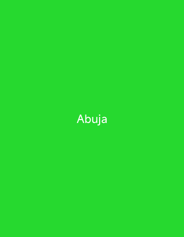 A plain, bright green background fills the entire image. Centered on the background is the word "Abuja" in white, sans-serif text. There are no people, objects, or scene elements depicted. The image is a static graphic with no discernible activity or event taking place. There are no location cues beyond the text itself, and no indication of time of day, weather, or emotions.