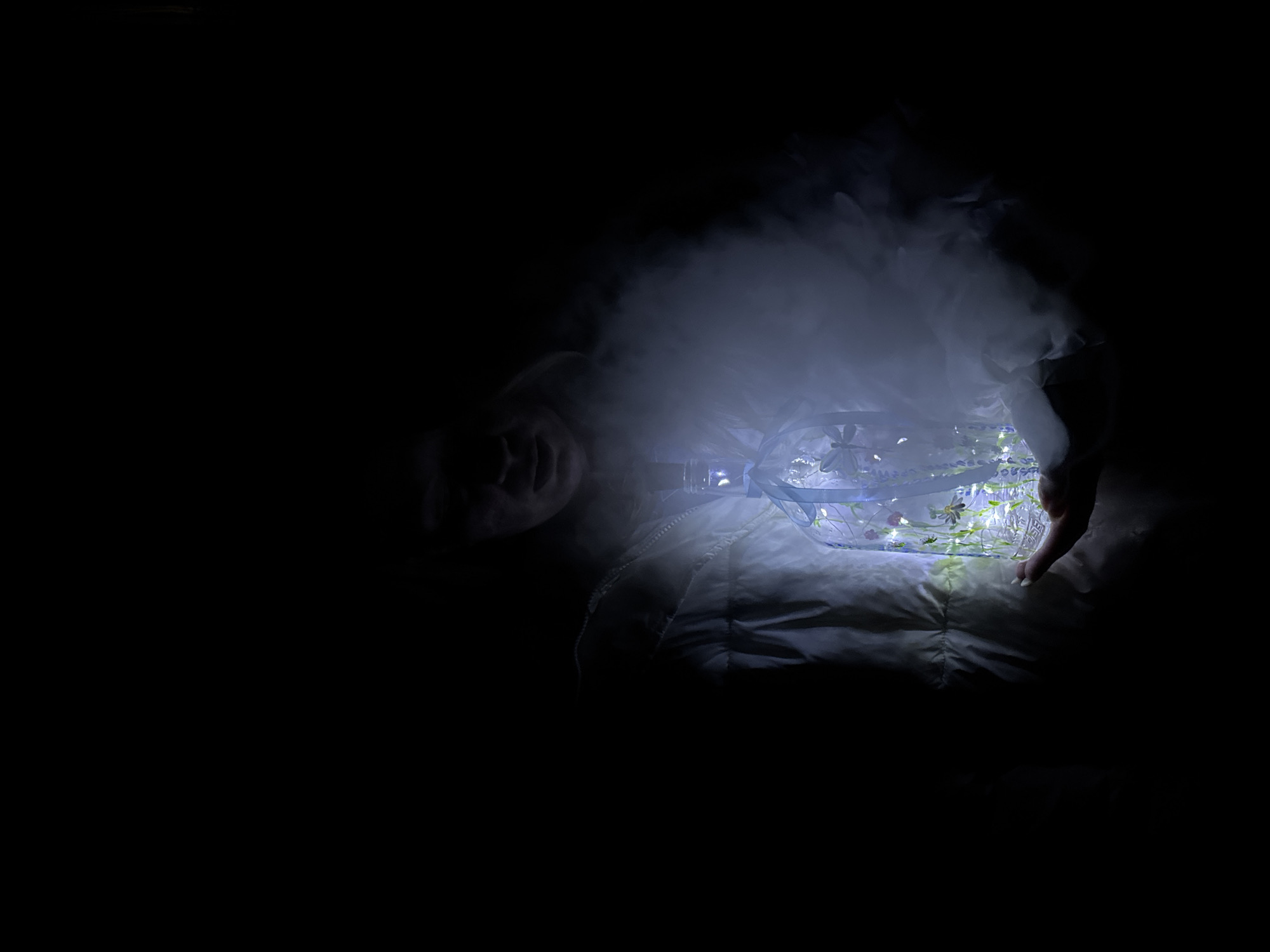 A person lies in bed, holding a bowl or container filled with water, small plants, and lit with fairy lights. The bed appears to be covered with a white comforter. The scene is very dark, illuminated primarily by the light emanating from the container. The city and location are not discernible.