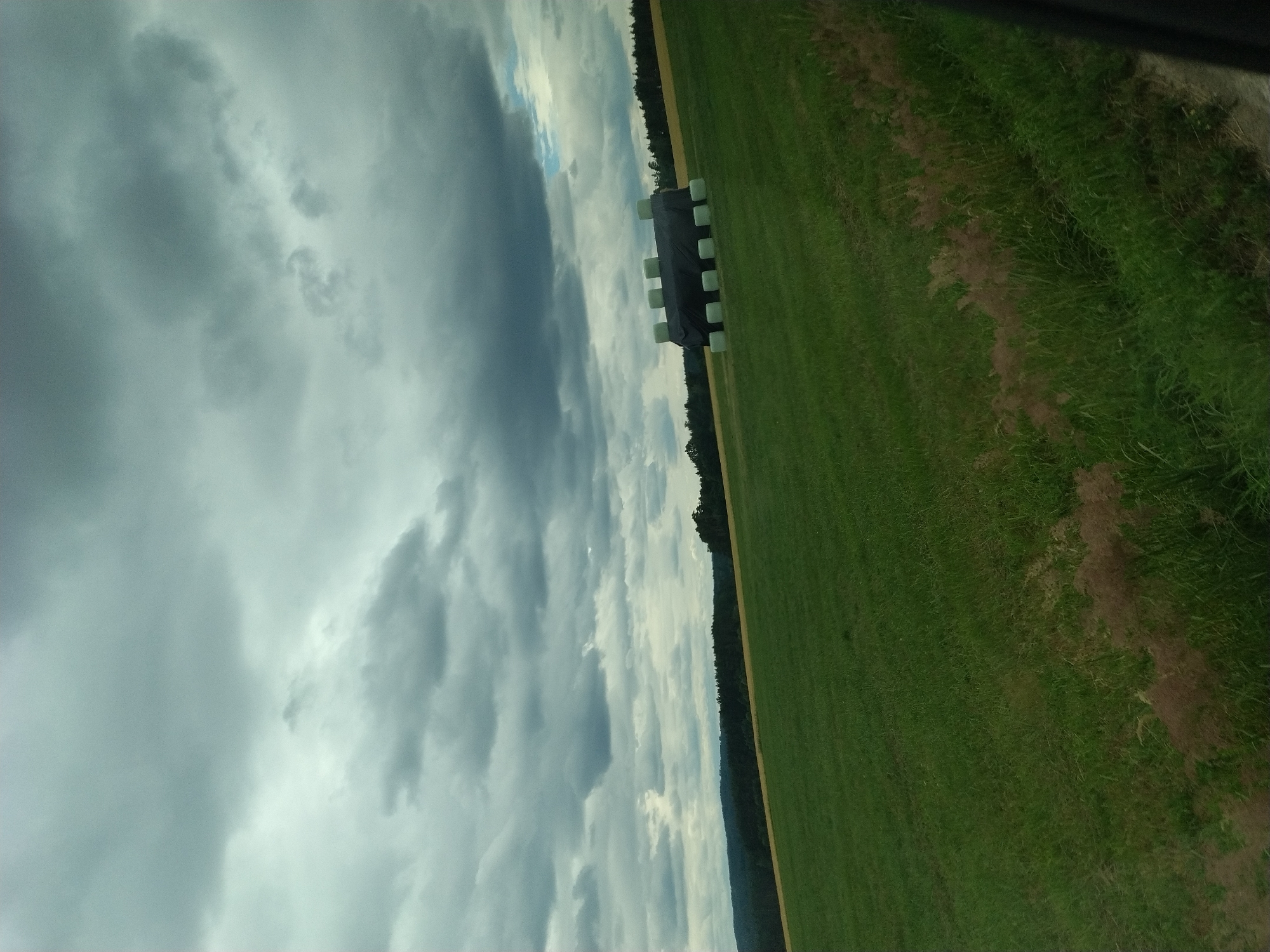 The image depicts a rural landscape under a heavily clouded sky. In the foreground, a sloped green field dominates the frame. In the middle ground, a collection of hay bales, wrapped in black plastic and some in green plastic, are arranged in a rectangular formation on the field. Beyond the hay bales, a line of dark green trees forms a dense forest that stretches across the horizon. The background consists of rolling hills and a further expanse of the forested landscape. The overall impression is one of an overcast day in a farming region. The image does not contain any people or specific identifiable city landmarks to pinpoint a location within Olešná, Czechia.