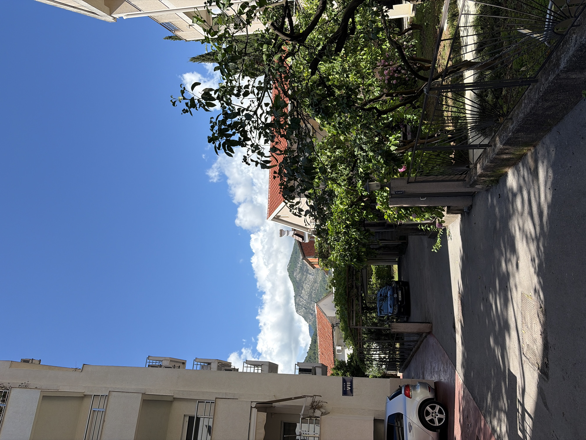 This image captures a bright, sunny street scene in a residential area, likely in Budva, Montenegro, consistent with the provided context. The view is dominated by a clear blue sky with scattered white cumulus clouds, and a large, rocky mountain range forms the backdrop on the left, partially obscured by the clouds.
In the mid-ground, a paved road or driveway extends from the bottom right towards the left. The strong, dappled shadows of trees fall across this surface, indicating bright sunlight, likely around midday. A black metal fence with a concrete base and decorative elements runs along the left side of the road, enclosing a property. Beyond the fence, dense green trees and foliage are abundant, with a few clusters of pink flowers visible. A house with a distinctive red-tiled roof is partially visible through the trees. A dark-colored car, possibly a hatchback, is parked under the shade of these trees on the left side of the street.
In the foreground on the right, a light-colored, multi-story building with balconies and windows is prominent. A blue street sign, bearing the text "ULICA VII" (Street VII), is affixed to its facade. A silver hatchback car, likely a Volkswagen, is parked on a reddish-paved area in front of this building, with its rear portion visible. Another light-colored building is partially seen in the upper right. Several outdoor air conditioning units are visible on the rooftops of the buildings.
The scene is devoid of people and conveys a peaceful, warm, and bright atmosphere.
