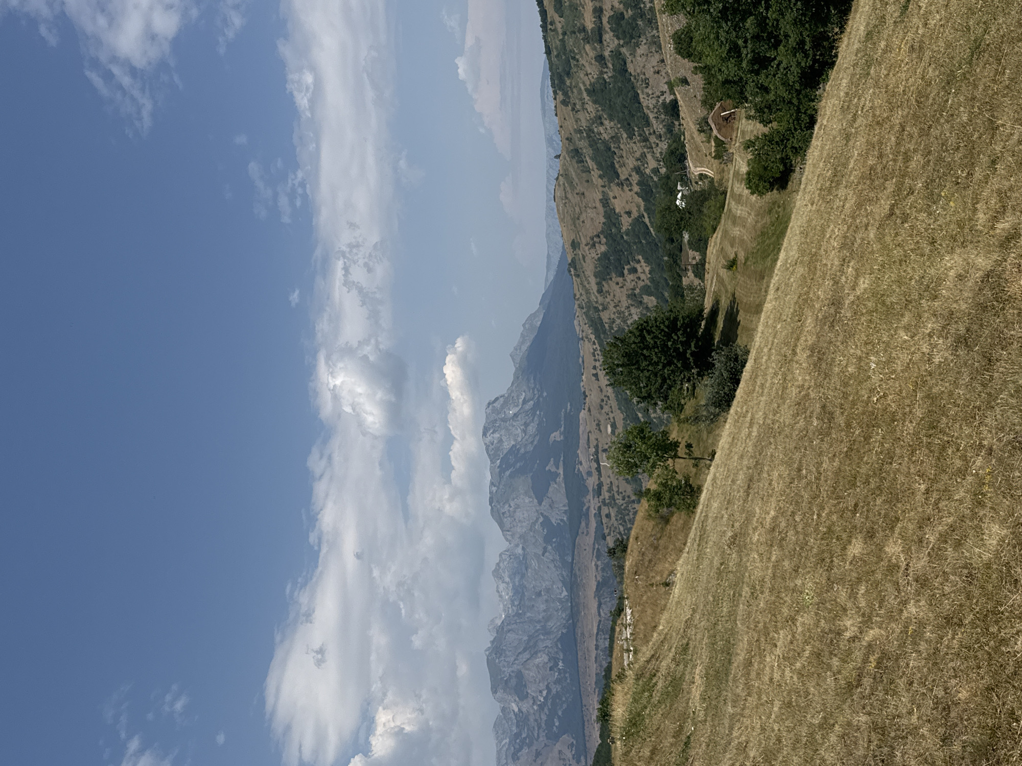 The image captures a panoramic view of a mountainous landscape in the vicinity of Pišče, Montenegro, under a partly cloudy blue sky. The foreground features a dry, golden-brown grassy slope, indicative of summer or a dry season, with scattered green tufts and some wildflowers. The middle ground reveals rolling hills covered in dry grass and patches of dark green trees. A dirt road winds through the landscape, leading towards a small cluster of buildings, one of which appears to be a hay barn with a thatched roof. In the background, a majestic mountain range with rugged peaks and steep slopes dominates the horizon, its grey rock faces contrasting with the softer hues of the hills. The overall scene depicts a rural, natural environment with signs of human habitation integrated into the wilderness.