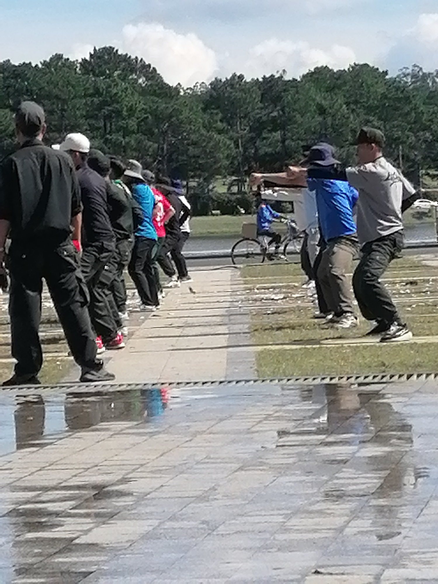 In Da Lat, Vietnam, a group of individuals are engaged in an outdoor exercise routine on a paved area adjacent to a body of water, possibly a fountain or a pond, which reflects the scene. The group consists of approximately ten people, mostly men, dressed in athletic attire. Some are wearing hats, including baseball caps and a dark blue brimmed hat. They are lined up, facing away from the viewer and towards the background, which is dominated by a dense forest of pine trees under a bright, partly cloudy sky. The people are performing a synchronized movement, with their arms extended forward as if pushing something or performing a martial arts stance. One person in the foreground on the left is wearing a black uniform. Several individuals are wearing bright blue and red shirts. In the middle ground, a person on a bicycle is visible. The paved ground is wet, suggesting recent rain or maintenance. The overall scene depicts a structured group activity in a natural setting within a city.