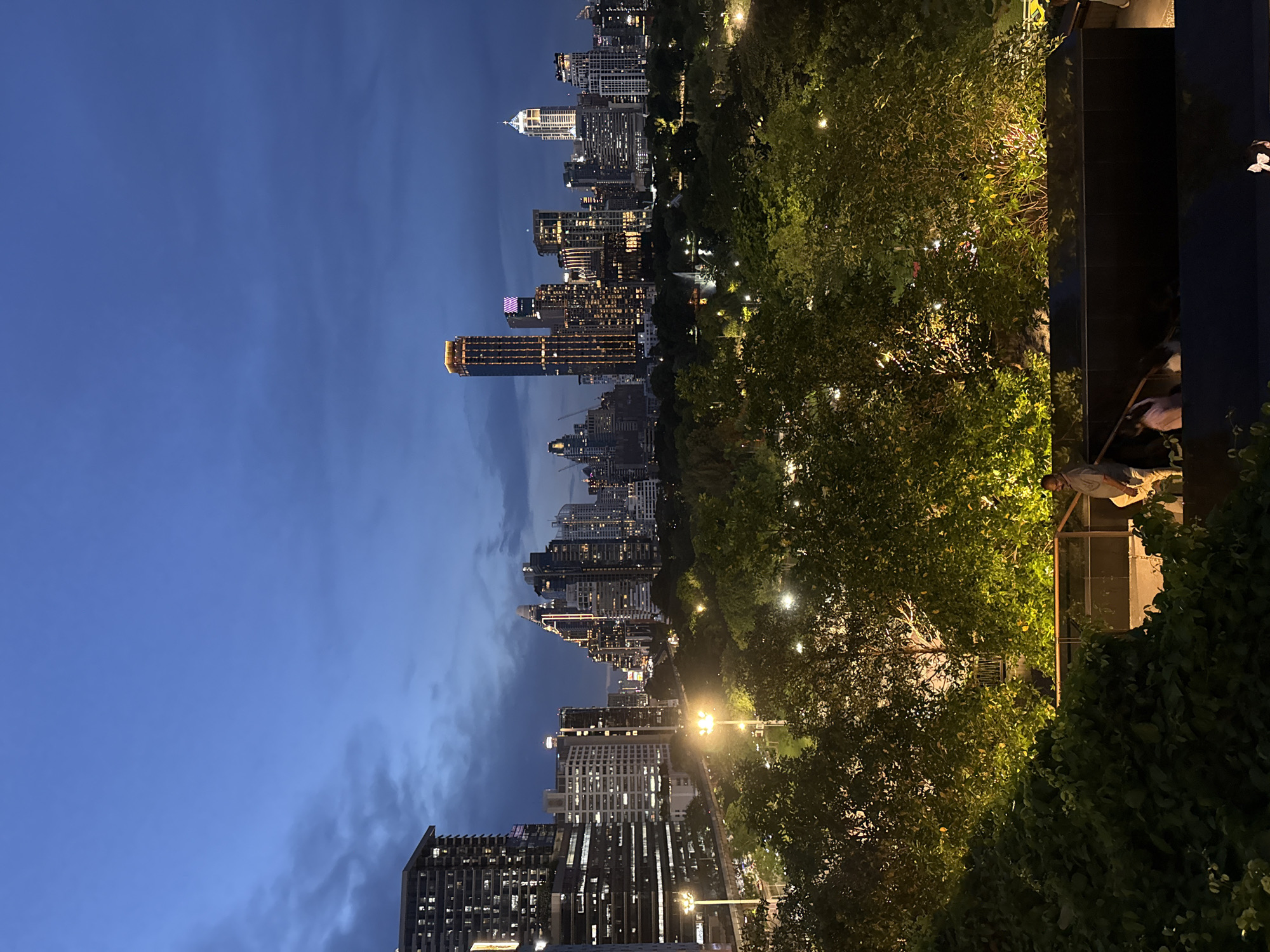 The image depicts a nighttime view of the Bangkok skyline, likely taken from a high vantage point such as a rooftop or balcony. The sky is a deep blue color, transitioning to a lighter hue near the horizon. Several illuminated skyscrapers are visible, varying in height and architectural design. Some buildings are adorned with multiple lights.
In the foreground, there is a dense cluster of trees with lights interspersed throughout the branches. A person can be observed standing on a structure made of dark materials, likely a rooftop deck or viewing platform. The image captures the juxtaposition of urban development and natural elements within the city.