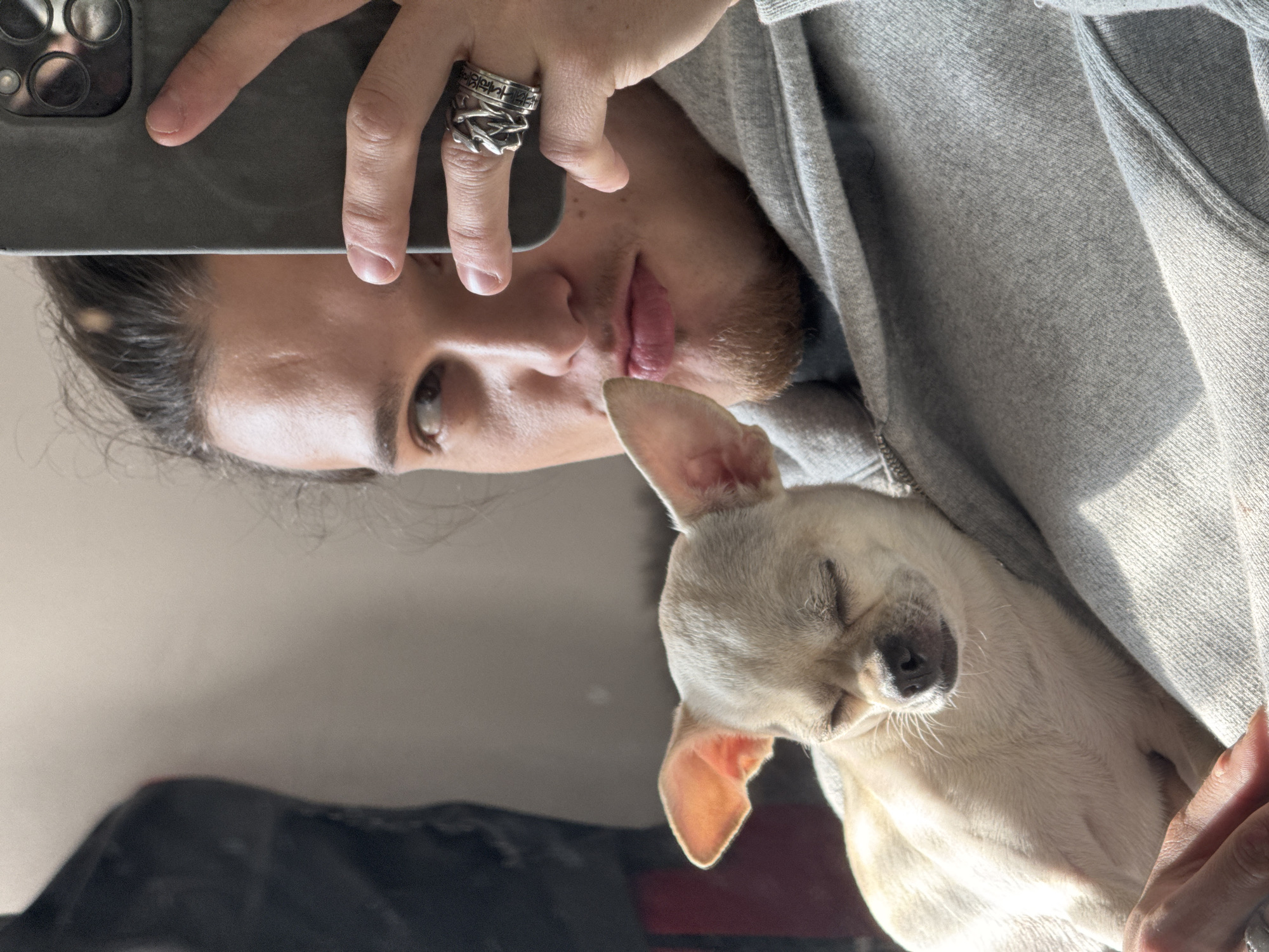 A man is taking a selfie with his sleeping, light-colored chihuahua. The man is wearing a gray hoodie, and a ring on his left hand is visible. He is holding a phone with a gray case. The background is indistinct, suggesting an indoor setting. There is no information to determine whether the photo was taken in Sofia, Bulgaria.