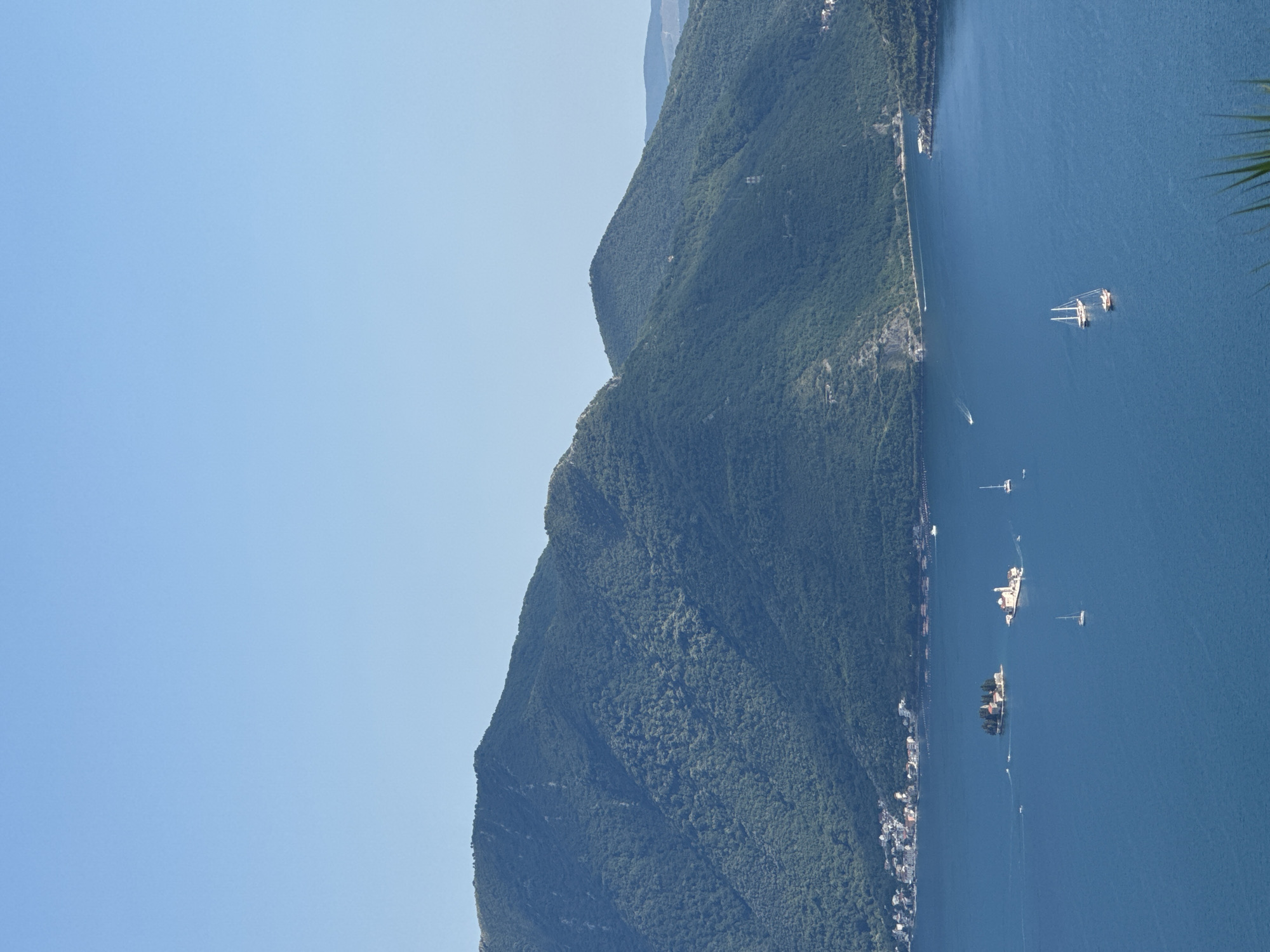 A panoramic, eye-level, wide shot captures the Bay of Kotor, Montenegro, under a clear, bright blue sky. The foreground is dominated by the deep blue expanse of the bay, dotted with several sailboats. In the middle ground, two small islands are visible. The island on the left is covered in trees and appears to have a small cluster of buildings. The island on the right features a white building with a prominent tower, possibly a church. A town with red-roofed buildings lines the distant shore, nestled at the base of lush, green, tree-covered mountains that rise steeply from the water. The mountains occupy the background, their slopes showing texture from the dense vegetation and occasional lighter patches that might be bare rock or pathways. The scene is serene and bathed in bright daylight.