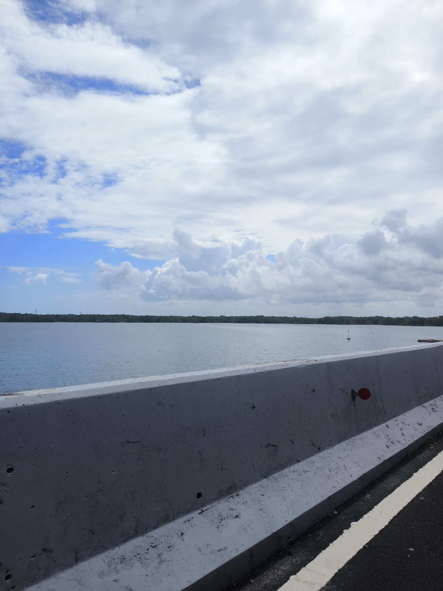 The image depicts a view of a body of water from what appears to be a road or bridge. In the foreground, there is a concrete barrier, likely a Jersey barrier, with a white stripe marking the edge of the road to its right. The barrier is textured and shows signs of wear. In the water, there are a few buoys, one with a yellow marker. The background consists of a dense line of trees forming a horizon, and above that, a sky filled with a mix of white and gray clouds with patches of blue sky visible. The scene is devoid of any people or specific structures that would definitively place it within South Denpasar, Indonesia, or any other specific city. It captures a natural landscape with elements of infrastructure.