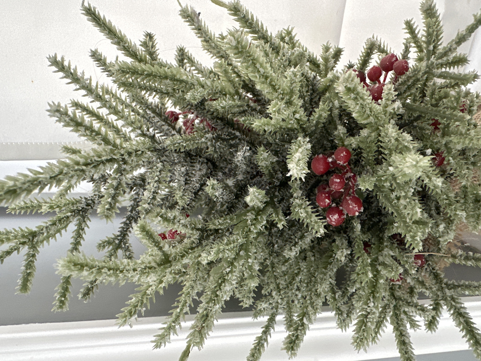 A close-up image depicts a vertical arrangement of artificial evergreen foliage, heavily flocked with white material to simulate snow or frost. The green branches are dense, featuring numerous short, spiky "needles" or leaves. The white flocking is distributed unevenly, clinging to the tips and surfaces of the foliage, creating a textured, wintery appearance. Interspersed throughout the arrangement are clusters of small, round, vibrant red berries, which also appear slightly frosted. These berries are typically grouped on short stems. The background is out of focus, uniformly light-toned, and indistinct, with faint vertical lines visible on the left side, suggesting an indoor setting possibly near a window or light-colored wall. No specific people, actions, or environmental details that could identify a location in the city of Asenovgrad, Bulgaria, are present in the image.