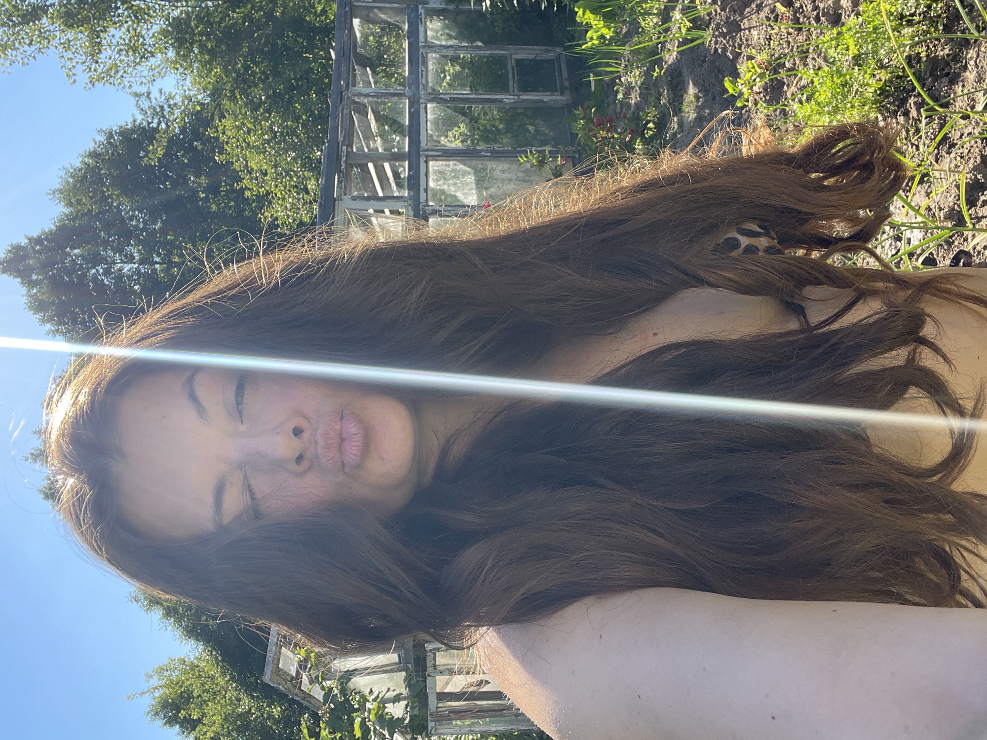 The image depicts a young woman with long, dark brown hair taking a selfie outdoors. She is winking and puckering her lips, with her face partially obscured by a bright sun glare. She appears to be wearing a bikini top with a leopard print. In the background, there is a dilapidated greenhouse with wooden frames and glass panes, surrounded by greenery and a garden bed. The setting appears to be a rural or suburban area, possibly a garden or backyard. The user specified the city of Заречный, Russia, which is known for its green spaces and proximity to nature, making this scene plausible within that context. The overall impression is of a casual, sun-drenched moment captured in a natural, slightly overgrown environment.