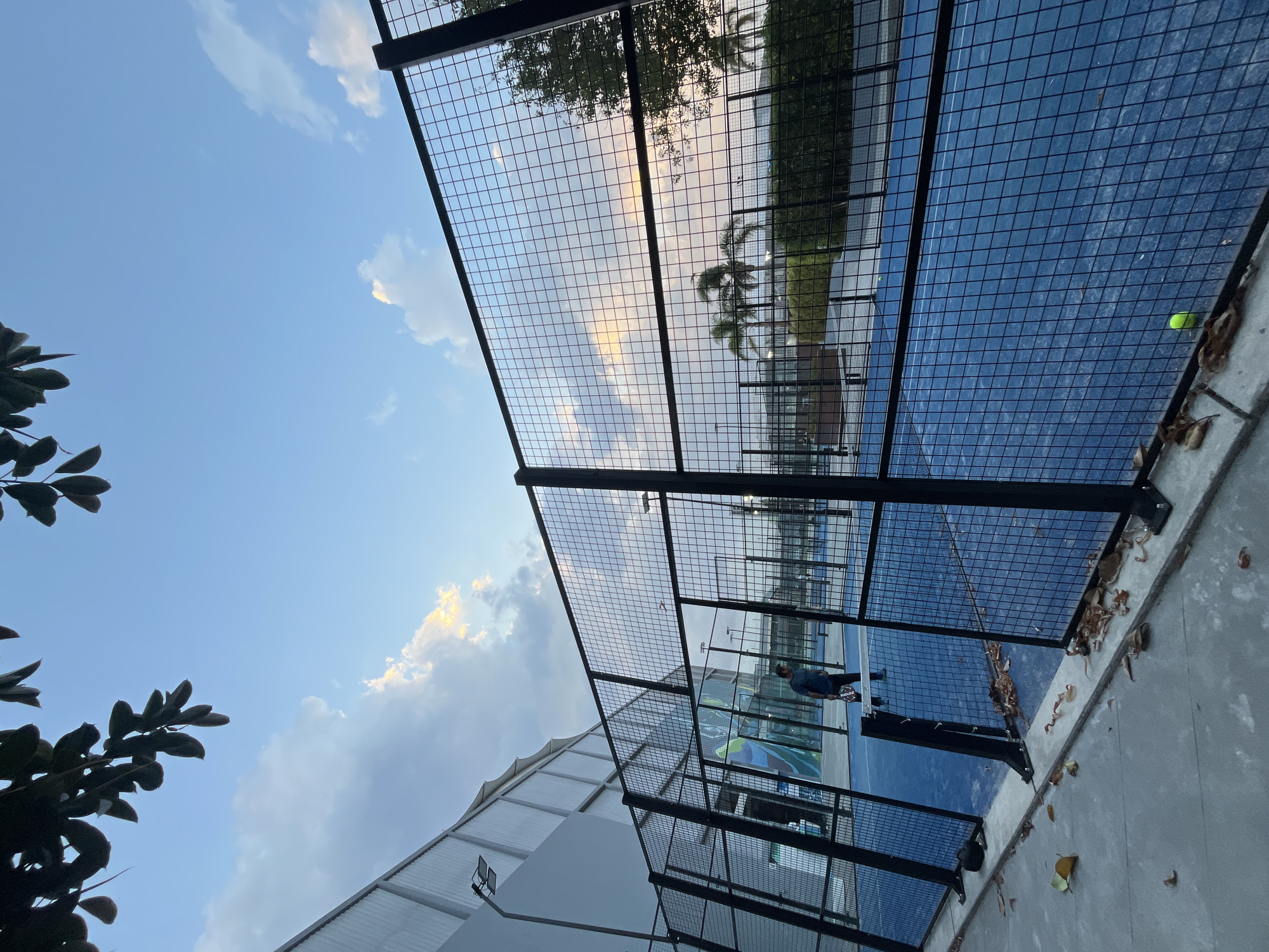 The image shows a paddle tennis court in Unknown. The court has blue playing surface and is enclosed by a black wire fence. A person is standing on the court. The sky is visible above the fence with a blue hue and some clouds. There are leaves on the ground outside the fence. In the reflection on the fence is some vegetation and the light sky. Part of a building is visible on the bottom left of the frame.