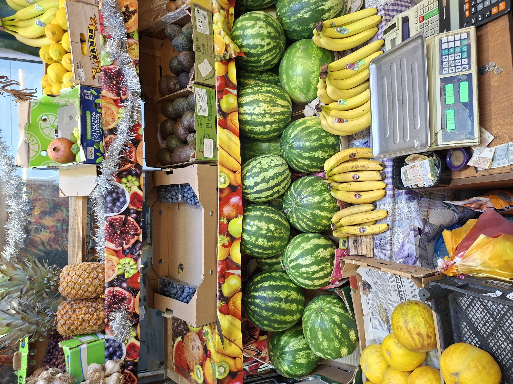 The image shows a market stall in Chișinău, Moldova, laden with a variety of fruits. In the foreground, several large watermelons are displayed, some in a wooden crate. To the left, a black plastic basket holds yellow melons, and behind it, a similar basket contains more yellow melons and some white grapes. Bunches of ripe yellow bananas are also visible, arranged in groups.
Behind the watermelons, more fruits are displayed on shelves. Avocados are in cardboard boxes, and in the background, pineapples are stacked. Further back, there are boxes of lemons and oranges, and a single pomegranate. Some of the fruits are displayed on a patterned cloth and decorative tinsel.
On the right side of the image, a digital scale with a metal tray is placed on a wooden surface. Next to it is a calculator. There are stacks of Moldovan currency and coins on the scale's tray and scattered on the surface. The overall scene depicts a vibrant and abundant fruit market.