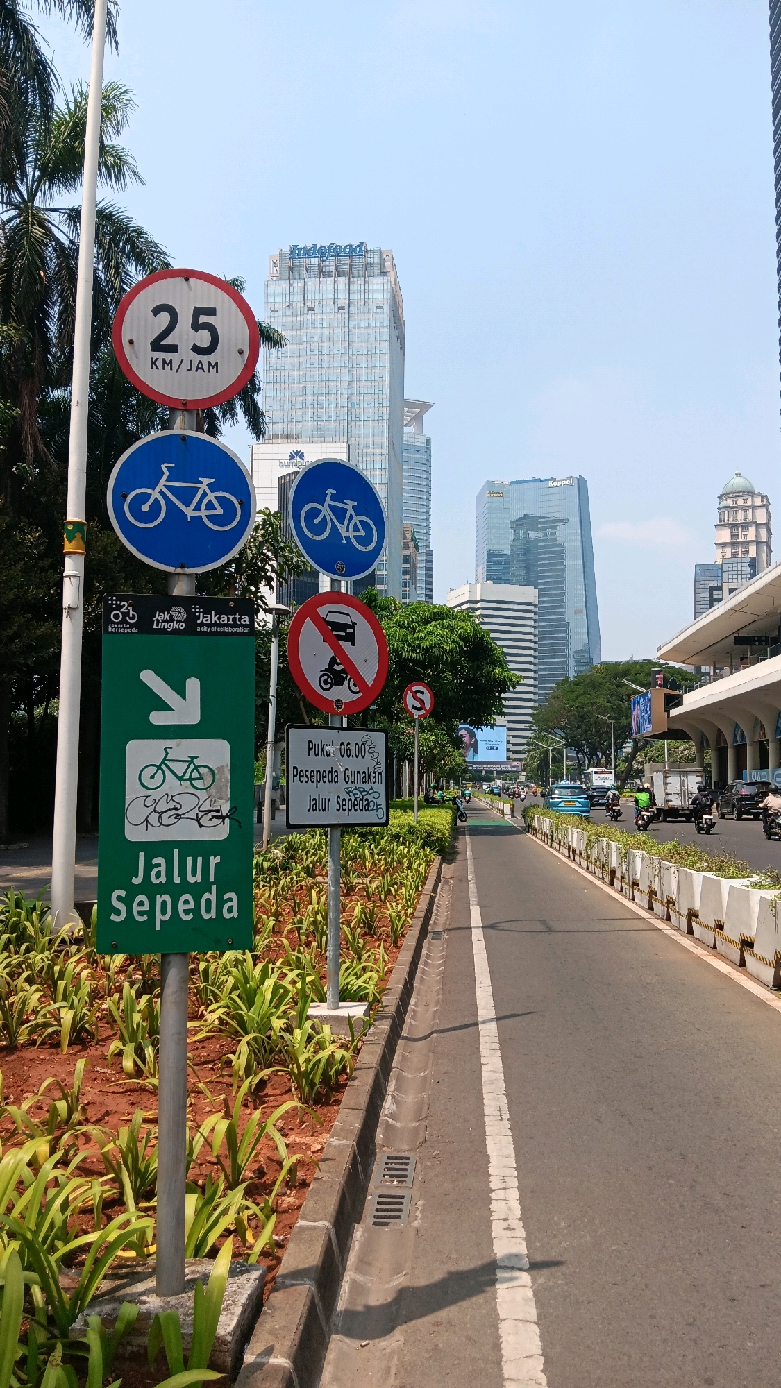 A street scene in Central Jakarta, Indonesia, shows a dedicated bicycle lane bordered by lush green plants and brown soil. Multiple traffic signs are visible, including a speed limit sign displaying "25 KM/JAM," blue circular signs with bicycle icons, and a sign prohibiting cars and motorcycles. A green sign further indicates "Jalur Sepeda" (Bicycle Lane) with an arrow pointing left and a bicycle illustration. Tall modern buildings, including the Indofood tower, dominate the background, set against a clear blue sky. The street itself is paved with asphalt, marked by a white line, and shows various vehicles, including cars and motorcycles, in motion. A sidewalk with white and yellow barriers runs along the right side of the road, adjacent to buildings with awnings.