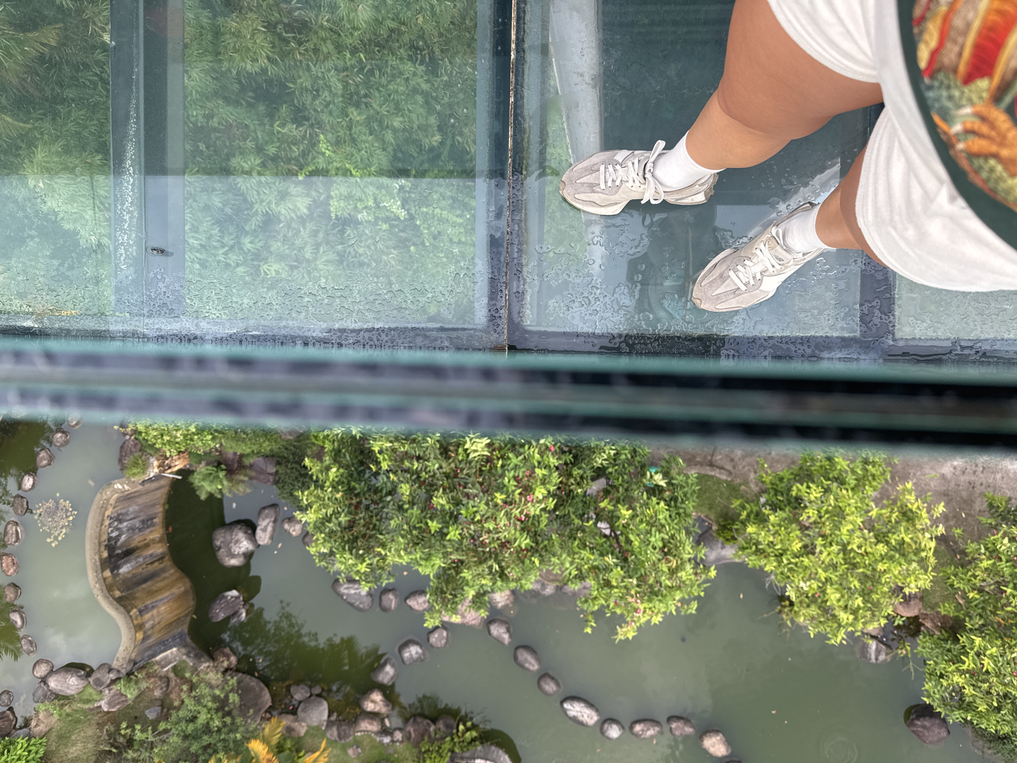 A high-angle shot depicts a person standing on a glass walkway overlooking a park or garden area in Nghia Lo Ward, Vietnam. The person is wearing white shorts, white socks, and grey sneakers. The glass walkway is wet. Below the walkway is a landscape featuring a pond, rocks, and greenery. A structure resembling a small dam or waterfall feature is visible in the pond. The foliage appears lush, suggesting a well-maintained garden.