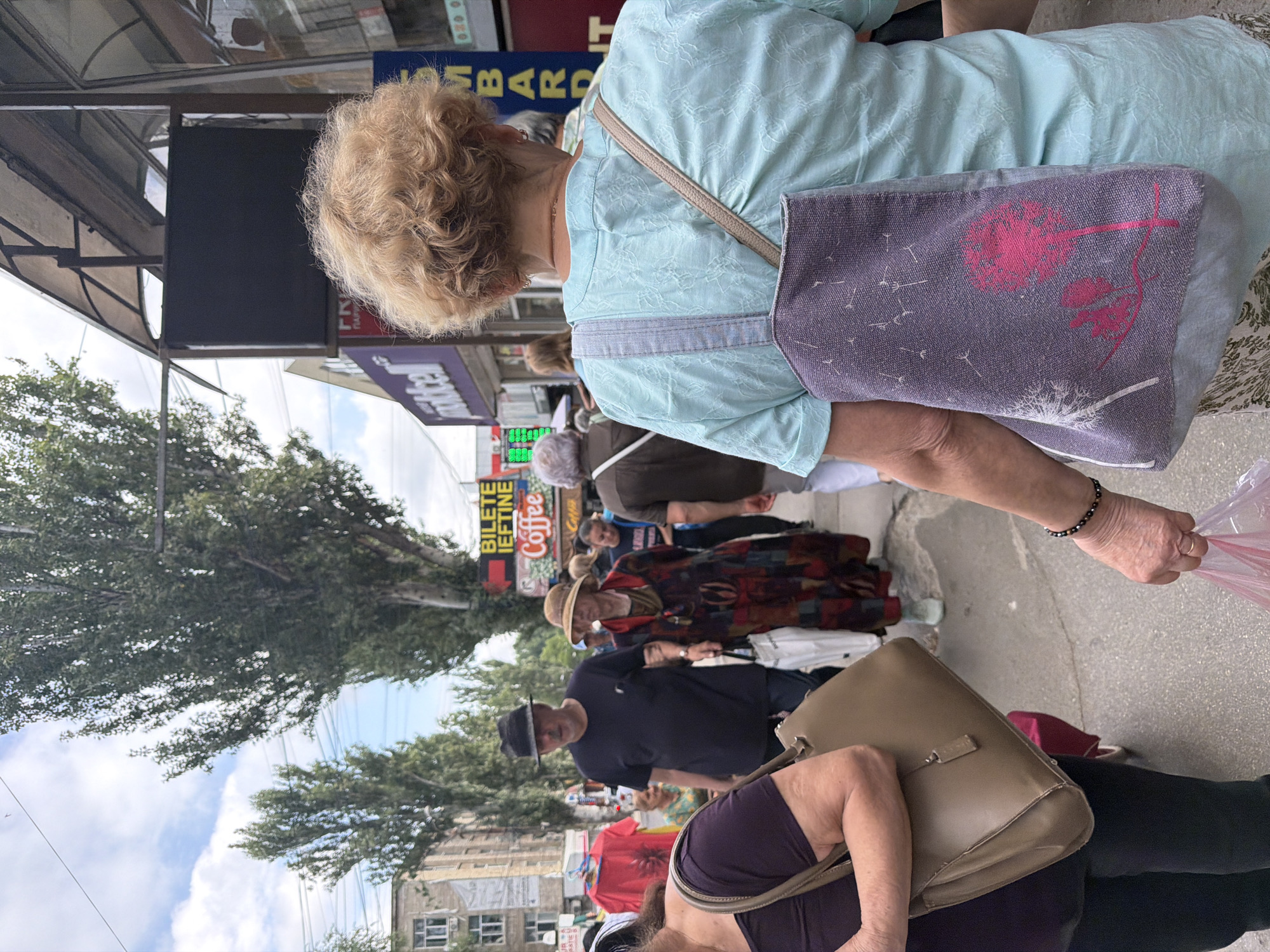 The image captures a street scene in Chișinău, Moldova, likely during daytime under a cloudy sky. Several people are walking along a paved sidewalk lined with trees and buildings. In the foreground, a woman with blonde, curly hair wearing a light blue blouse is seen from behind, carrying a purple bag with a dandelion print. To her left, another woman in a dark top and black pants is holding a large, beige handbag.
Further back, a couple is walking arm-in-arm. The man wears a black hat and a black t-shirt, while the woman is dressed in a colorful, patterned dress and a straw hat. They are accompanied by a white shopping bag. Other individuals are visible in the background, including one wearing a dark jacket and another in a light-colored top.
Commercial establishments are present along the street, indicated by signage. One sign displays "BILETE IEFTINE" (cheap tickets) and "Coffee." The overall atmosphere suggests a busy pedestrian area in a European city.