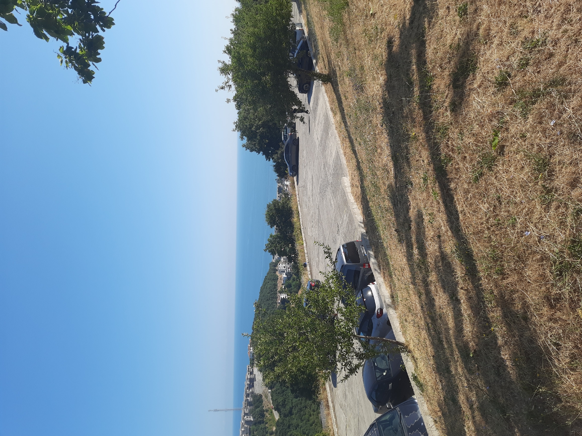 A daytime, medium-shot, eye-level, outdoor photograph shows a parking lot on a hillside overlooking the Black Sea in Atakum, Turkey. The sky is clear and blue. In the foreground, dry, sun-bleached grass covers the hillside. A paved parking lot is visible in the middle ground, with several parked cars. The cars appear to be of various makes and models, including what looks like a dark-colored sedan, a silver hatchback, and a dark-colored SUV or van. A few trees are scattered throughout the scene, some with green leaves and others with sparser foliage. In the background, the Black Sea stretches to the horizon, a deep blue. Along the coast, the hillside is covered in greenery and dotted with buildings, some appearing to be residential or resort-style properties. A tall, thin tower is visible on a distant hilltop. The sun casts distinct shadows across the parking lot and the grassy hillside. No people are clearly depicted in the scene.