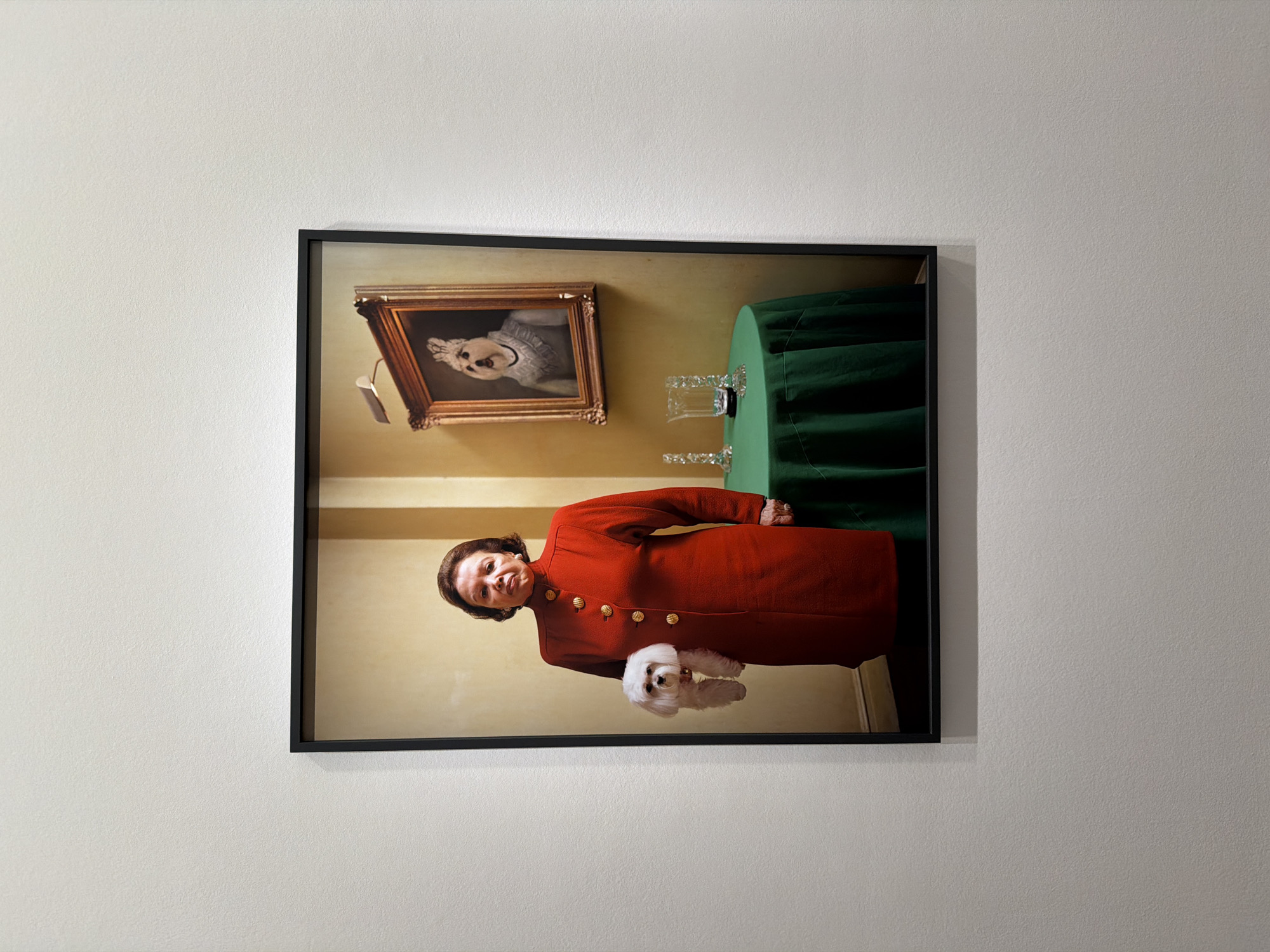 A framed vertical photograph is displayed on a light-colored wall. Inside the photograph, a woman with dark hair, wearing a long, red, double-breasted coat adorned with gold buttons, stands looking directly at the viewer with a calm expression. She holds a small, white, fluffy dog, resembling a Maltese, which looks alertly towards the camera.
The background within the photograph features a yellow-beige wall. On this wall, a framed painting depicts a person, possibly a child, with an open mouth and a surprised or dramatic expression, wearing a white ruffled collar. To the right, a small round table is covered with a dark green tablecloth, on which two ornate, possibly crystal, glasses are placed. The setting suggests an indoor, staged environment. No visible text is present within the image.