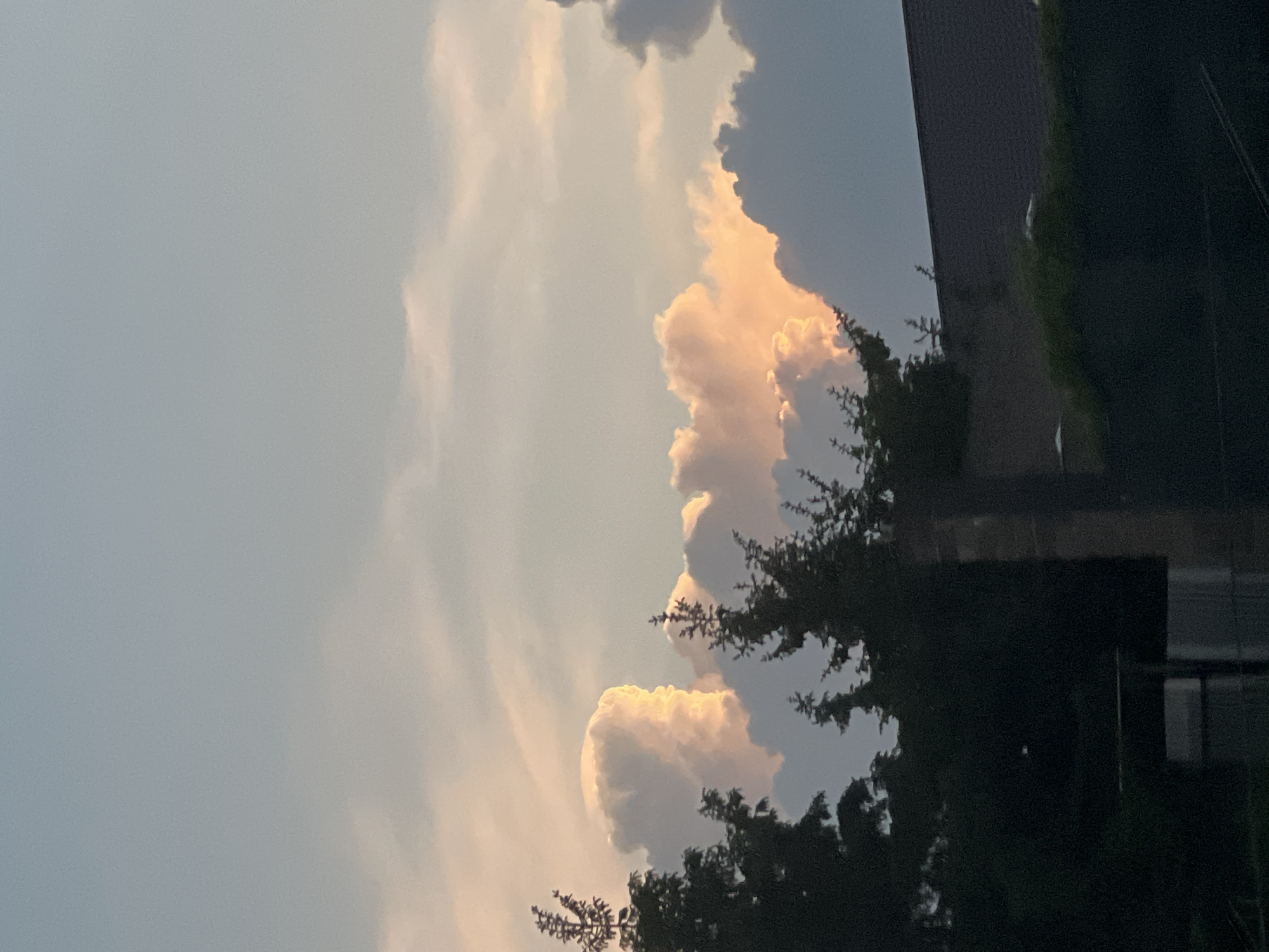 The image shows a cloudy sky in Unknown, Unknown. The sky is predominantly light blue-gray with streaks of white and orange-tinged clouds. In the foreground, silhouetted trees and a dark building partially obscure the view. The building has some greenery growing on it.