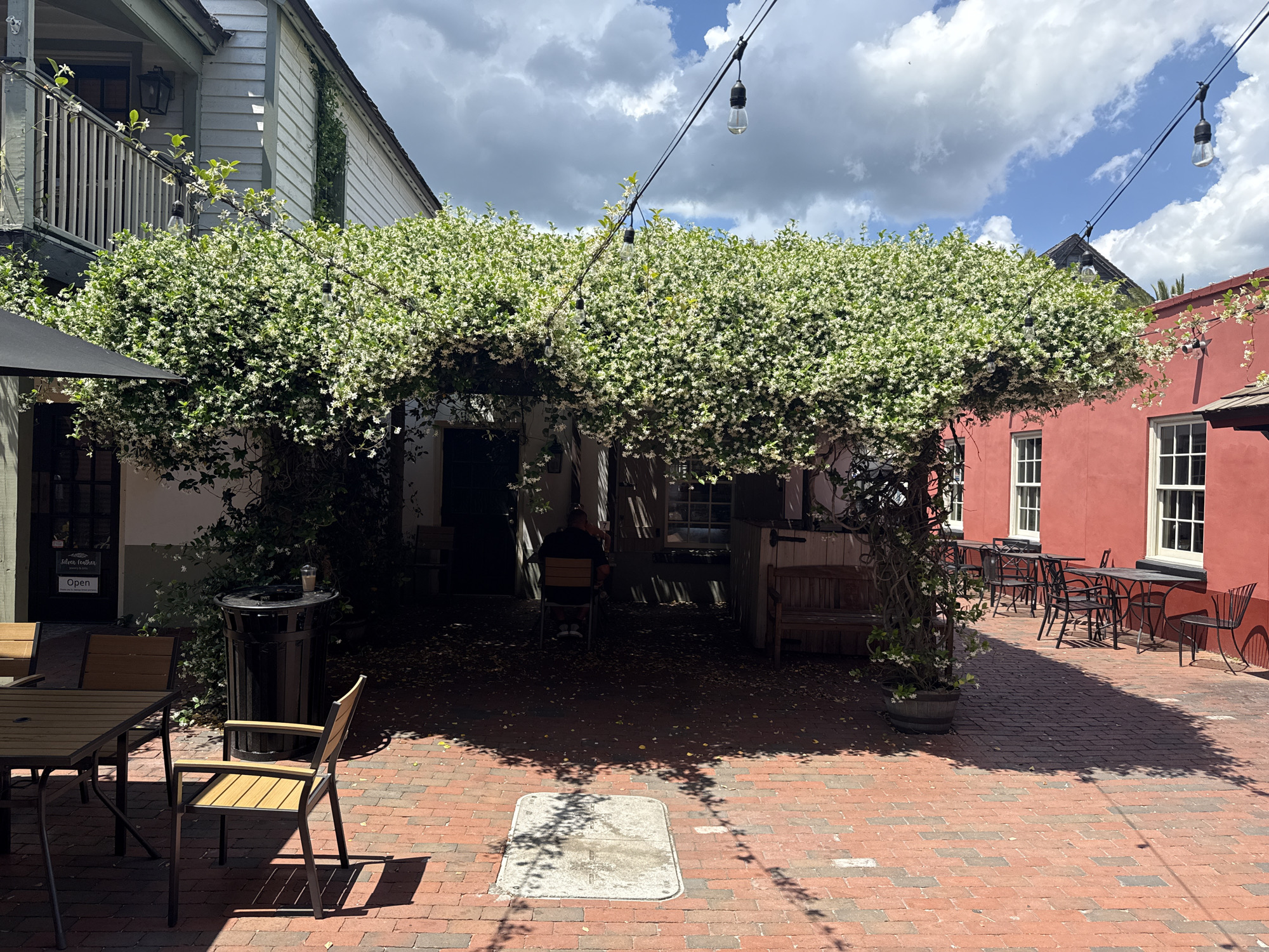 The image depicts a courtyard in Saint Augustine, Florida, United States, characterized by red brick paving. A substantial pergola covered in dense white flowering vines dominates the center of the courtyard. Above the pergola, string lights are suspended. A person is seated at a table beneath the pergola. Tables and chairs are arranged on the brick pavement. A trash can is positioned in the foreground near a table and chairs. Buildings with facades of different colors surround the courtyard. The sky is partially cloudy.