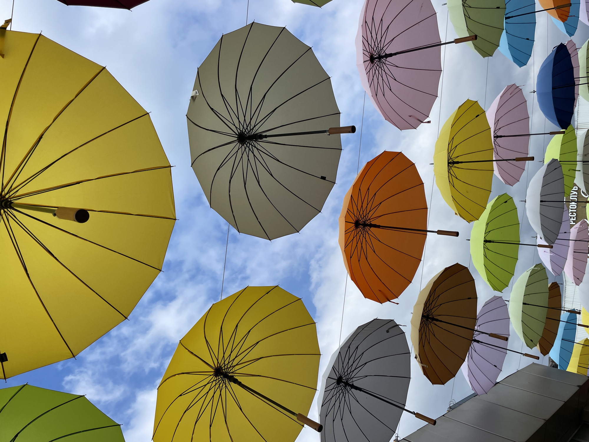 The image displays a vibrant, upward view of numerous colorful umbrellas suspended in the sky against a cloudy, daytime backdrop. The umbrellas, in shades of yellow, pink, orange, green, blue, and grey, are spread out and arranged on wires, creating a visually striking canopy. They are open and appear to be decorative, suggesting an outdoor art installation or a festive street decoration.
The scene is set in Sochi, Russia, although this context is not visually apparent from the image itself. The time of day is clearly daytime, given the brightness and the visible clouds. The weather appears to be partly cloudy, with some patches of blue sky visible between the clouds. There are no people explicitly visible in the frame, but the presence of the umbrellas suggests a public space that might be frequented by people.
Notable details include the intricate ribbing of the umbrellas, the wooden handles on some, and the wires from which they are suspended. In the upper right portion of the image, there is visible text on a light-colored umbrella that appears to read "РЕСТО ЛУМ" which is partially obscured. The overall impression is one of cheerfulness and a touch of whimsy, likely intended to create a bright and engaging atmosphere in the location. The arrangement of the umbrellas suggests a playful and artistic use of everyday objects to enhance an urban or public setting.