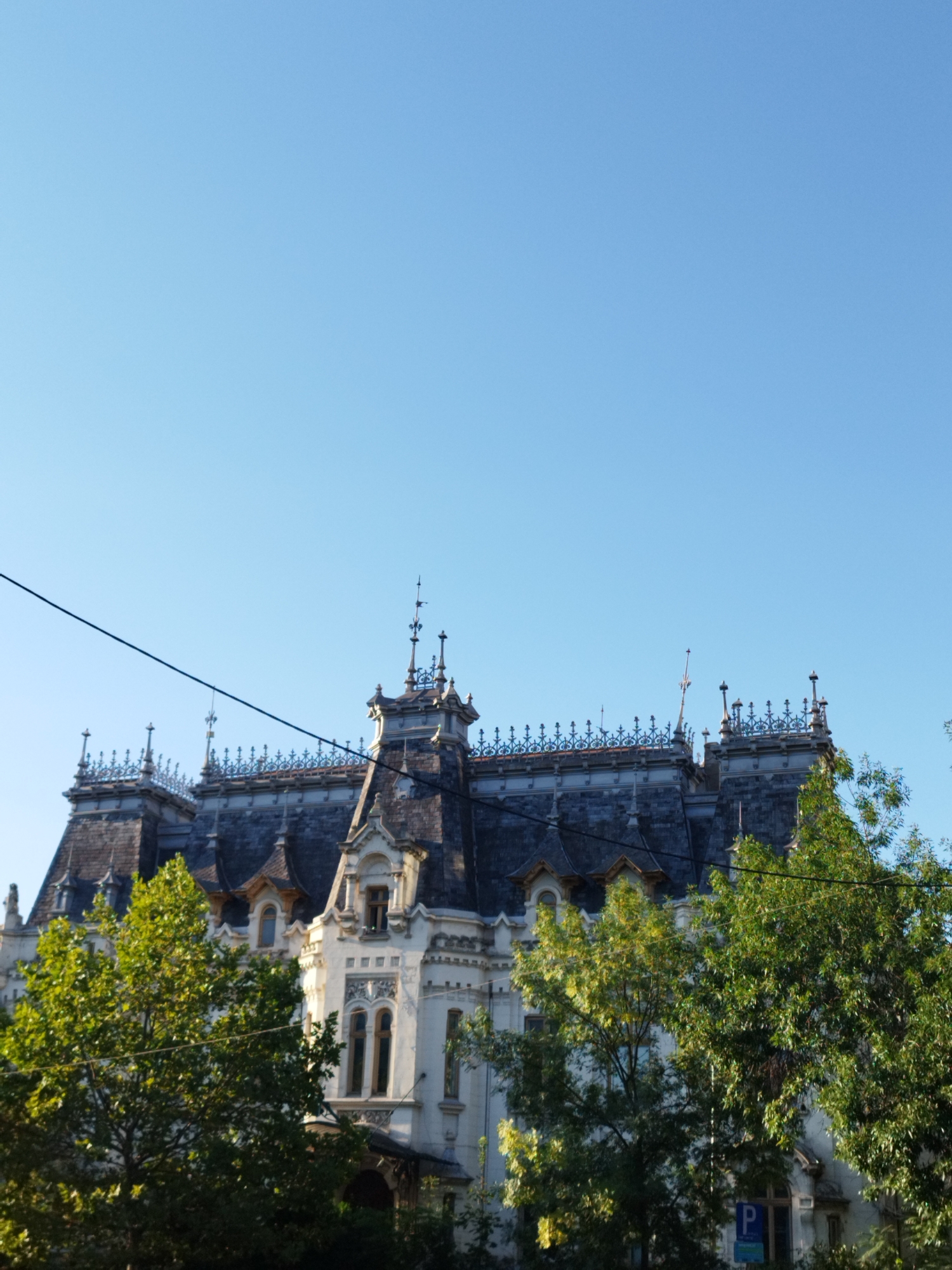 The image captures the distinctive architecture of the Kretzulescu Palace, located in Bucharest, Romania. The palace, a historical monument, is seen from a low angle, showcasing its ornate roofline against a clear blue sky. The roof features multiple gables, spires, and decorative ironwork, indicative of its late 19th-century architectural style. Lush green trees partially obscure the lower facade of the building, framing it from the bottom. A thin black wire, likely an electrical cable or telephone line, stretches diagonally across the upper portion of the image. A blue parking sign with a white 'P' is visible near the bottom right, suggesting the presence of a parking area or street. The overall scene is calm, with no people or overt activity, focusing solely on the grandeur of the palace and its surrounding greenery.