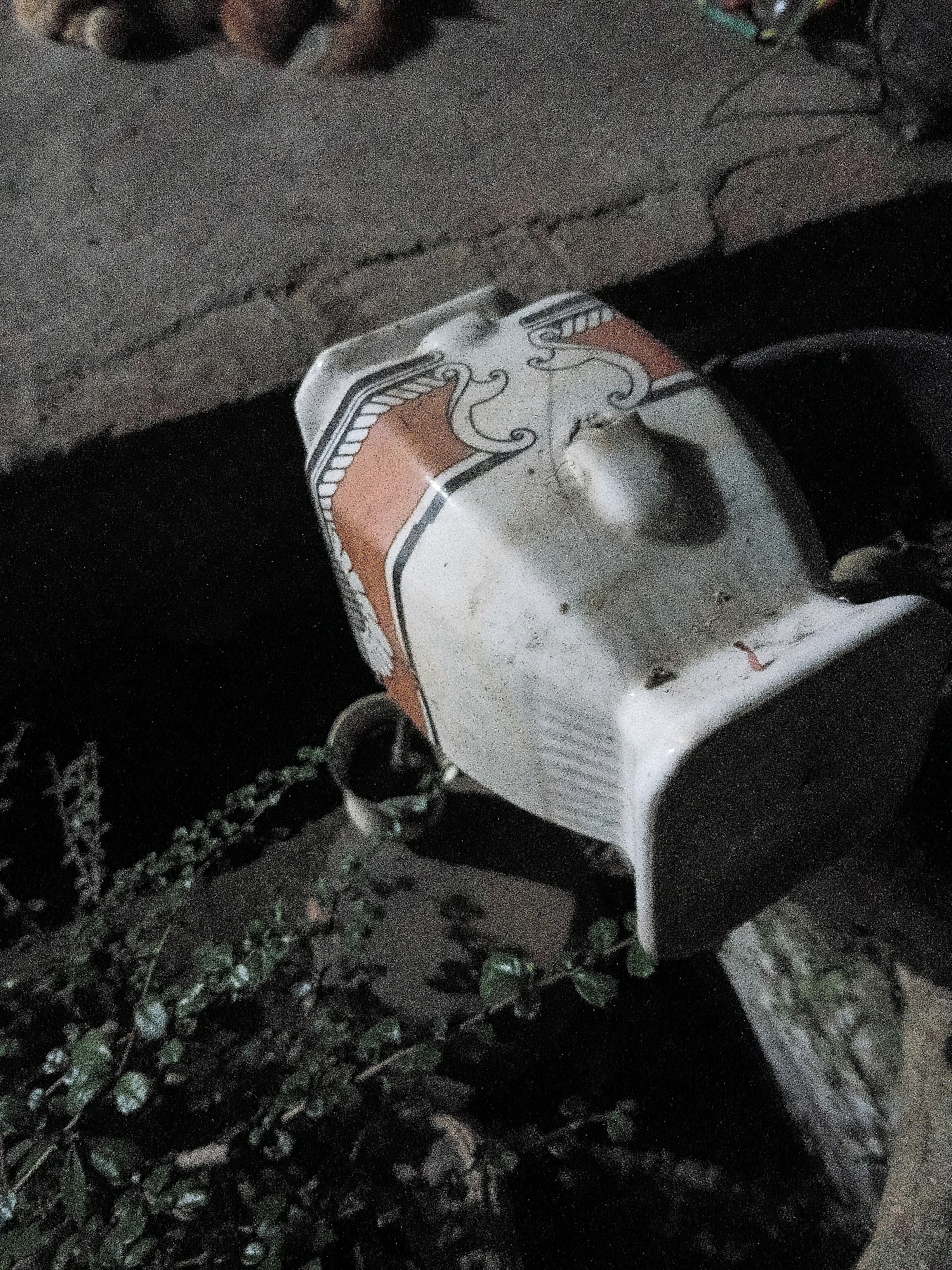 A ceramic jug with a decorative pattern lies on its side on a dark, textured surface that appears to be ground or pavement. The jug is predominantly white with areas of orange and black detailing. There are some green vines or plants growing around the base of the jug and to its left. The background is dark and out of focus, suggesting a low-light environment. The overall impression is of an object that has been placed or has fallen outdoors. The location in the city of Cikal, Indonesia is not discernible from the visual information provided in the image.