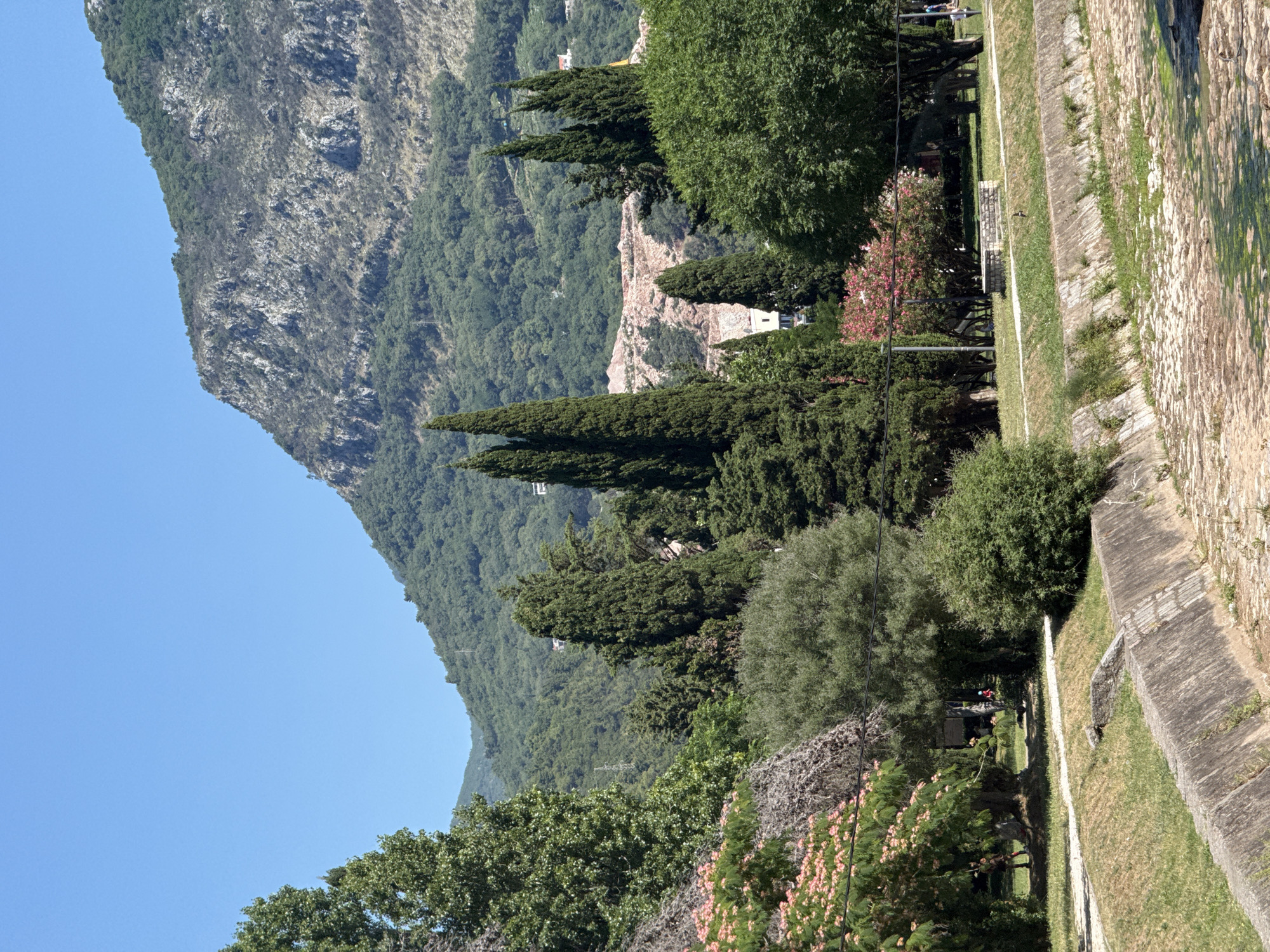 This image depicts a scenic view of a mountainous landscape with lush green vegetation and a clear blue sky. The scene is captured from a slightly elevated perspective, looking down towards a park-like area with trees, pathways, and stone structures.
In the foreground and midground, several tall, slender evergreen trees are prominently featured, creating a vertical element against the backdrop of the mountain. A section of a stone wall with grass growing between the stones runs along the right side of the image, suggesting a terraced or fortified area. A pathway is visible, bordered by grass, and leads towards a small wooden structure in the distance. There are hints of people in the park area, with one individual appearing to be on a bicycle and another in red clothing. There is also a pink flowering tree adding a splash of color to the greenery.
The background is dominated by a large, rugged mountain covered in dense green forestation, with exposed rock faces. A few small buildings or structures are visible on the slopes of the mountain. The overall impression is of a sunny day, likely in the late morning or early afternoon, given the bright light and clear sky. The location appears to be a natural park or a historic site within a mountainous region, possibly Budva, Montenegro, given the context provided. The scene evokes a sense of tranquility and natural beauty. No visible text is present in the image.