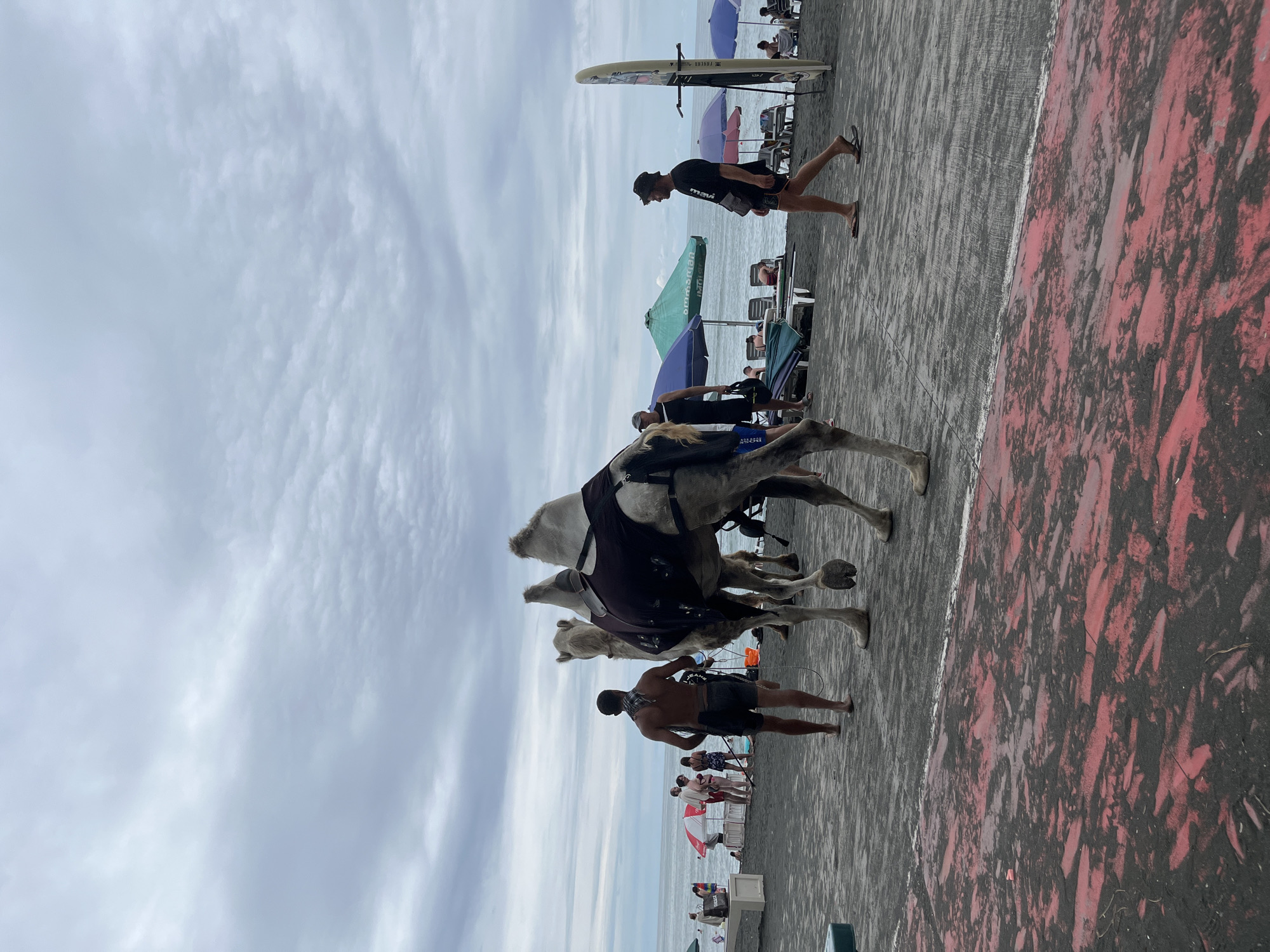 The image depicts a beach scene in Ureki, Georgia, under a cloudy sky. In the foreground, a man with dark hair and a black bandana around his neck is walking barefoot on a dark sand surface with red markings, away from the viewer and towards a camel. The camel, equipped with a dark saddle, is walking towards the right side of the frame, with its hindquarters and legs most prominent. Another camel, partially obscured, is visible behind the first.
Further back on the beach, several people are seen. To the left, a group of people are gathered near beach umbrellas, some standing and others seated. A red and white umbrella is visible. To the right, several beach chairs and colorful umbrellas are arranged on the dark sand. A man in a black t-shirt and a bucket hat is walking towards the right, and a surfboard is propped upright near him. The sea is visible in the background, with gentle waves. The overall atmosphere suggests a typical day at a coastal resort.