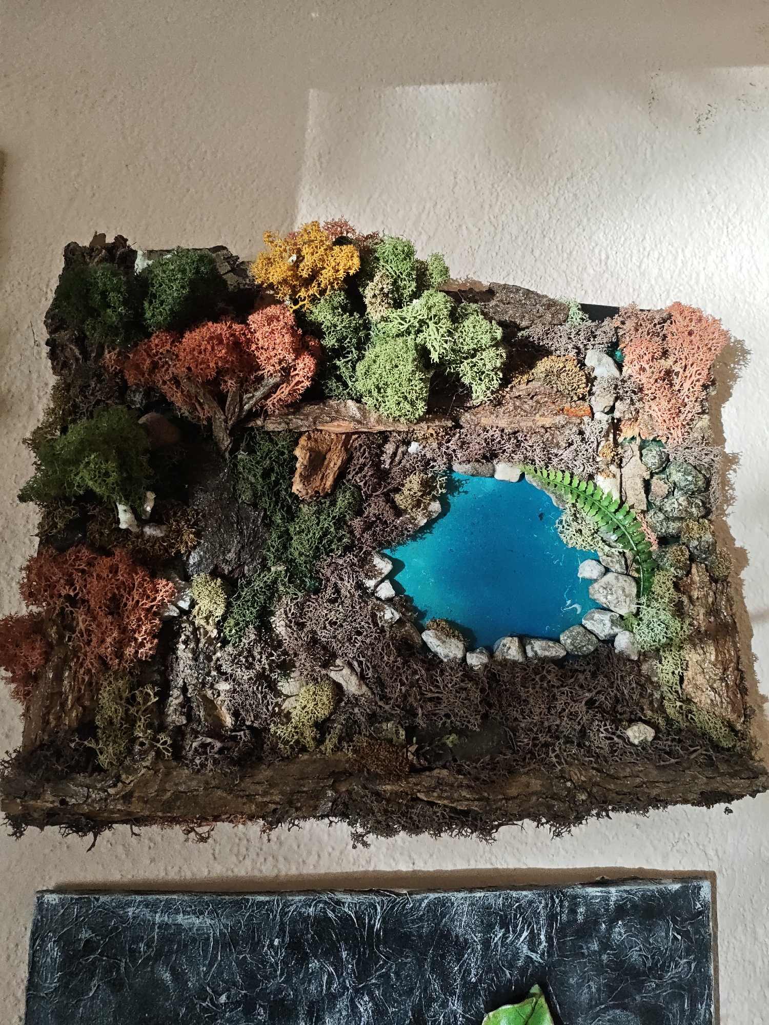 The image shows a handmade diorama of a forest scene with a pond, mounted on a wall. The diorama features various types of moss in different colors, small trees, rocks, and what appears to be epoxy resin used to simulate water in the pond. The base of the diorama is made of tree bark. Below the diorama is a textured, dark-colored artwork with white lines and a hint of green. The diorama is hanging on a light beige wall. Location is unspecified, but presumably indoors.