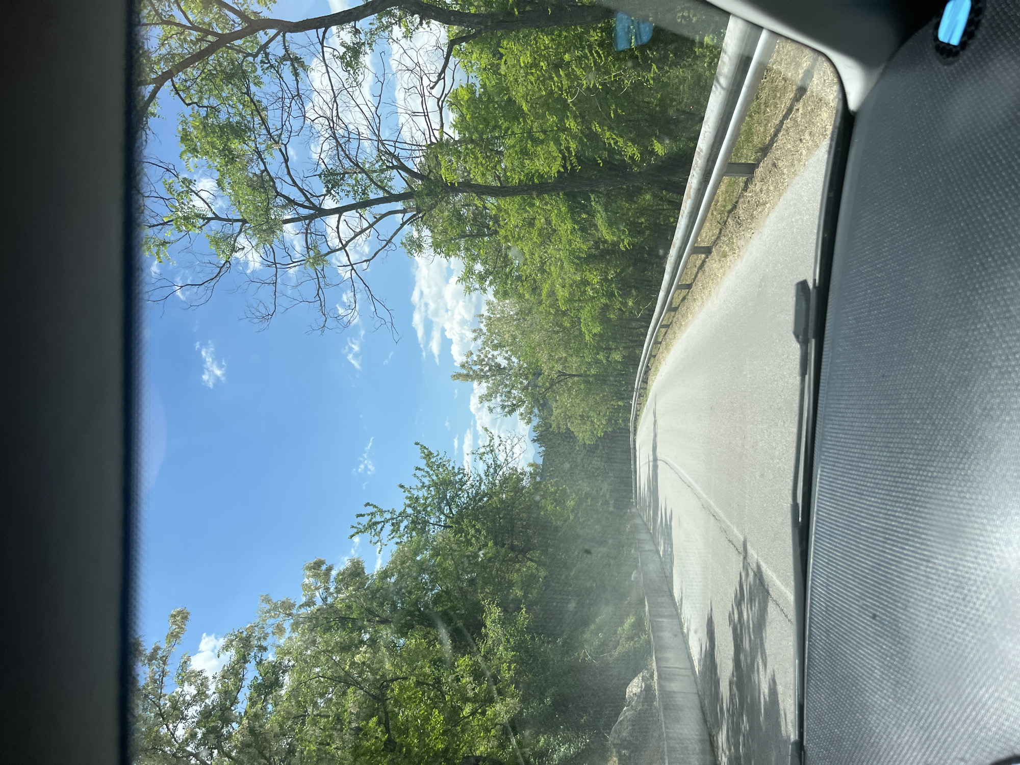 The image is a view from inside a moving vehicle, likely a car, on a winding road. The location is inferred to be Bukovo, Bulgaria. The road is asphalt with a gray metal guardrail on the right side. Lush green trees border the road, with a blue sky and scattered clouds visible through the treetops. The interior of the vehicle is visible, including a portion of the dashboard and the side window frame. There are no people visible. The primary action is movement along the road. The environment is a bright, sunny day in a rural, wooded area.