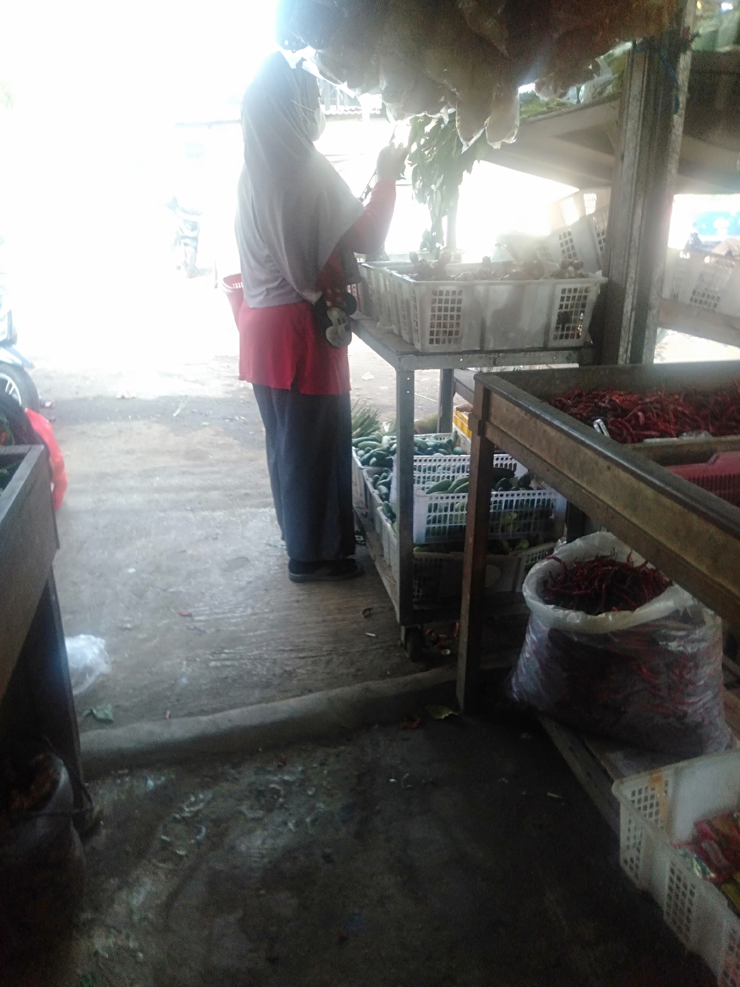 A person wearing a gray hijab and a red shirt stands in front of a stall at an outdoor market in Sukadami, Indonesia. The person is holding leafy vegetables. To the right of the person are several white plastic baskets filled with green cucumbers. In front of these baskets is a wooden stall holding a large bag of red chilies. Further to the right, another stall displays more red chilies. The ground is a concrete surface, wet in places, with some debris. The background is bright, suggesting strong sunlight, and shows the supports of the market stalls and more produce.