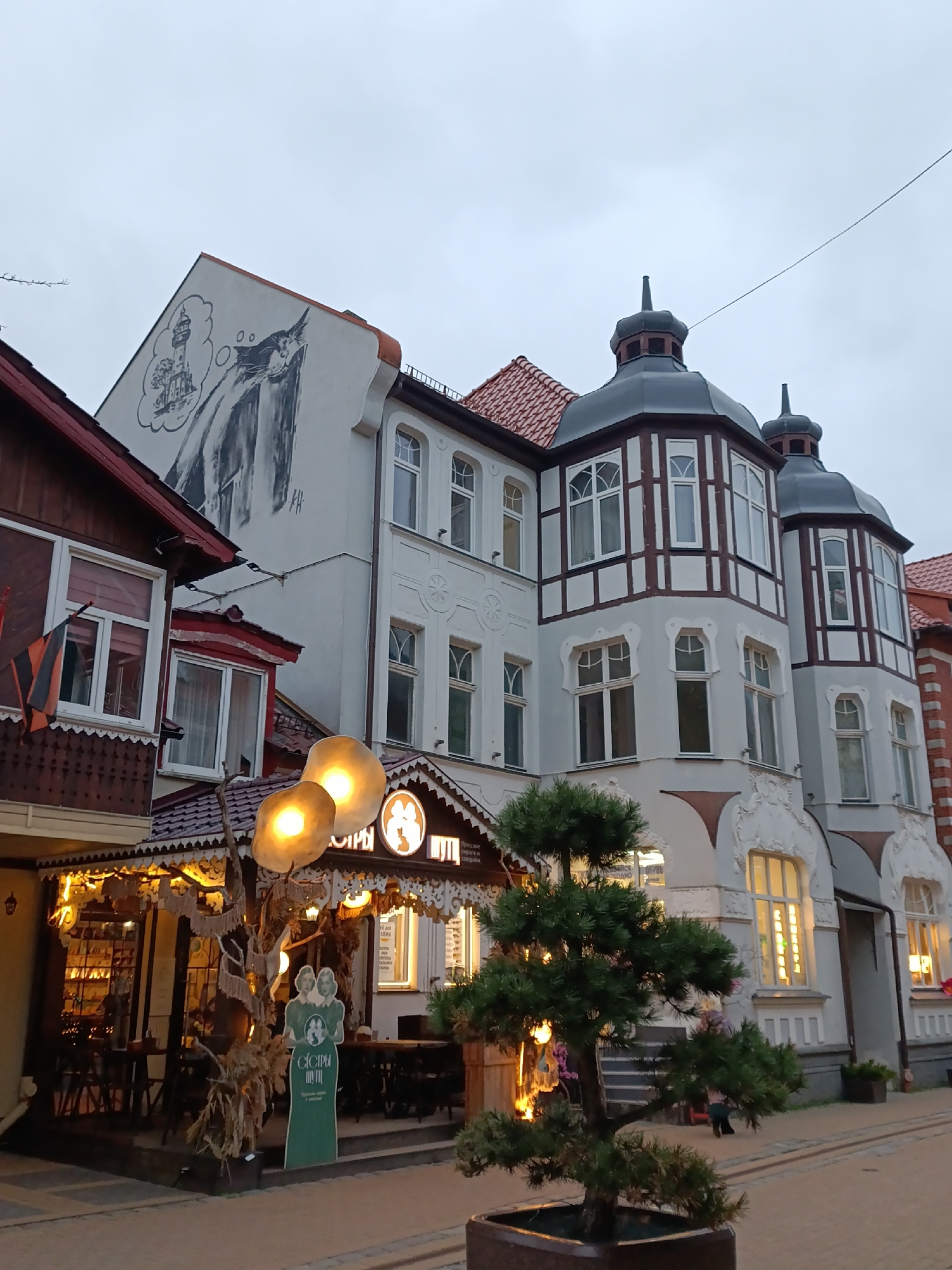 The image shows a street scene in Zelenogradsk, Russia. The building on the right is three stories tall, with a white facade and bay windows on the upper floors. It has red tile roofs and gray domed towers. To the left is a smaller, wooden building with intricate carvings and a brightly lit sign above the entrance. A mural of a cat dreaming of a lighthouse is painted on the side of the taller building. A small pine tree in a dark-colored planter sits in the foreground. There is a green sign with Russian text on it near the entrance of the wooden building. The sky is overcast. People are walking nearby.