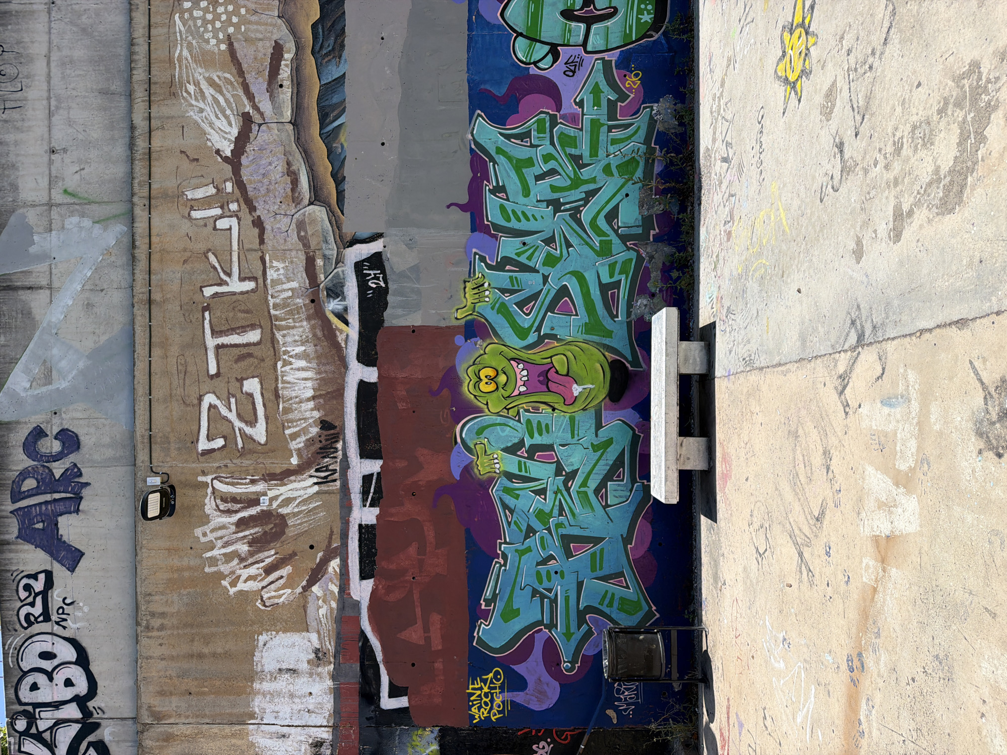 This image depicts a section of a concrete wall covered in graffiti. The wall appears to be part of an outdoor structure, possibly a bridge or underpass, given the rugged concrete textures and the presence of what looks like a metal railing or support. The graffiti is diverse, featuring various styles and colors.
On the left side of the image, there are large, stylized letters in purple and white, including "ARC" and "IBD". Further down, the letters "NPC" and "22" are visible. The central part of the wall showcases a more elaborate graffiti piece with bright teal and green lettering, surrounded by purple swirls. A cartoonish green character with a wide, open mouth and yellow eyes is depicted in the upper portion of this section, seeming to interact with the lettering. To the left of this colorful piece, there is graffiti in white and brown on a rougher, tan-colored concrete surface, with some illegible white markings. A sign with text "24" is also visible on this section. The right side of the image shows a lighter, textured concrete surface with faint pencil-like markings and some smudged graffiti.
The lighting suggests it is daytime, with strong shadows indicating sunlight. There is no visible indication of people or a specific event taking place, beyond the art itself. The overall impression is an urban outdoor environment, heavily adorned with street art. The visible text elements include the graffiti itself ("ARC", "IBD", "NPC", "22", "24", "WAINE ROCK POCH") and some unreadable markings.
