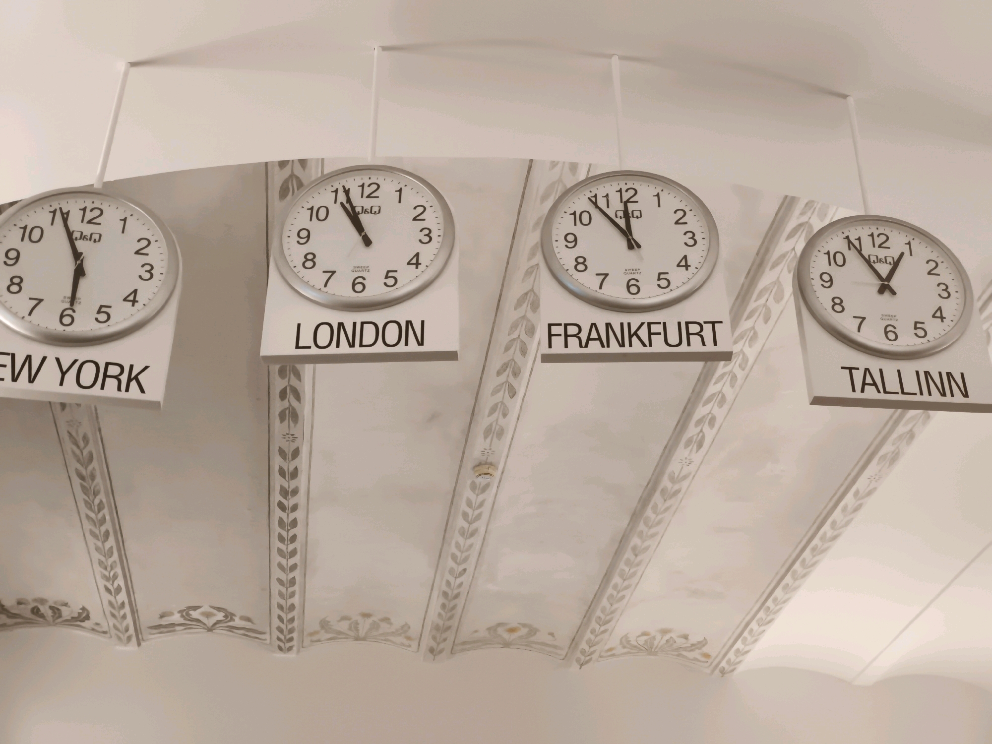 The image displays a row of five clocks, each indicating a different time zone and displaying the name of a city. From left to right, the clocks are labeled "NEW YORK," "LONDON," "FRANKFURT," and "TALLINN." The clock for Tallinn is the fourth clock from the left. The clocks are circular with white faces and black numerals and hands. They are suspended from the ceiling, which is decorated with painted architectural details. The background is a plain, light-colored wall. There are no people visible in the image.