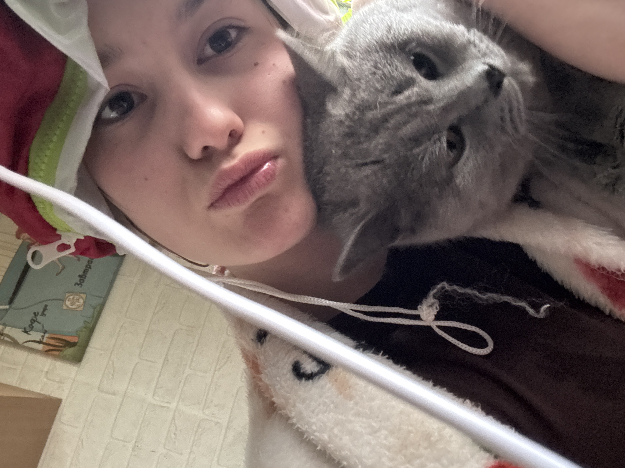A selfie shows a young woman with fair skin and brown hair, pulling a slightly puckered expression. Her head is partially covered by a hooded garment with green and red accents, and a white drawstring hangs loosely. Resting against her right cheek is a gray cat. The cat is angled upside down in relation to the woman, and has golden eyes that are out of focus. The woman wears a dark brown top. In the background, a faux brick wall is partially visible. A framed artwork or photograph with the words "кофе" (coffee) and "завтра" (tomorrow) in Cyrillic script is partially visible on the left. The location is Фоки, Russia.