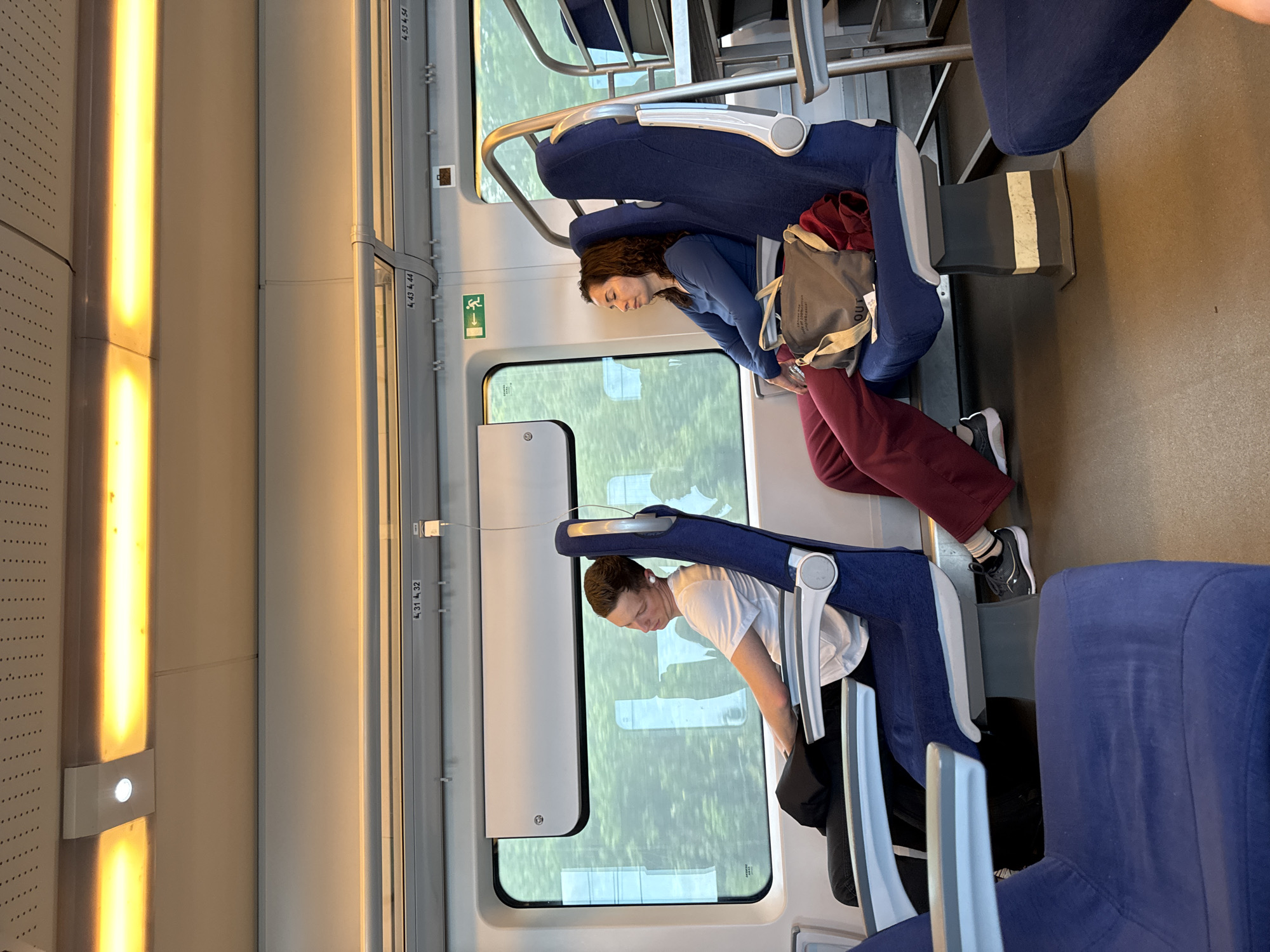 Two individuals are seated on a train, likely traveling through a wooded or suburban area as visible through the train windows. The train's interior features blue upholstered seats. One person, with curly brown hair, wears a blue top and maroon pants, and has a gray tote bag on their lap. The other person is wearing a white shirt and has a black backpack on the floor near them. The train has overhead lighting and visible window frames. The location of Sochi, Russia, is not discernible from the image alone.